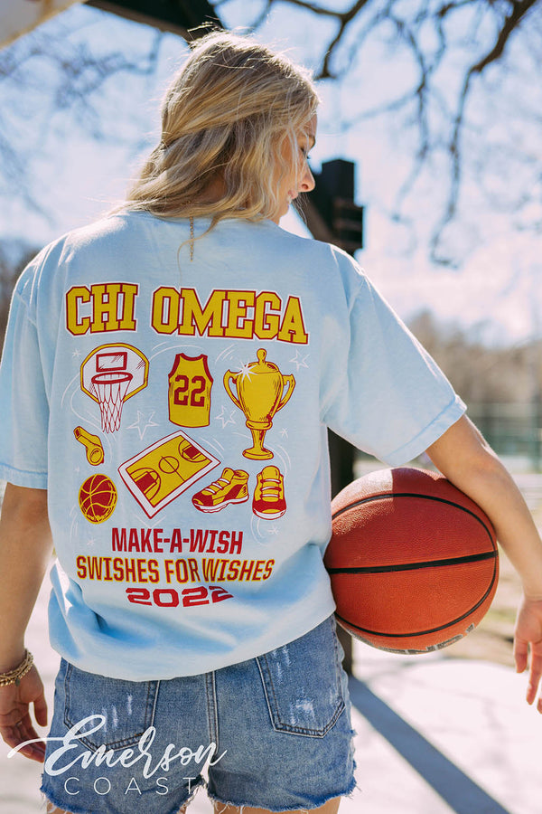 Chi Omega Swishes for Wishes Basketball Jersey Tee - Emerson Coast