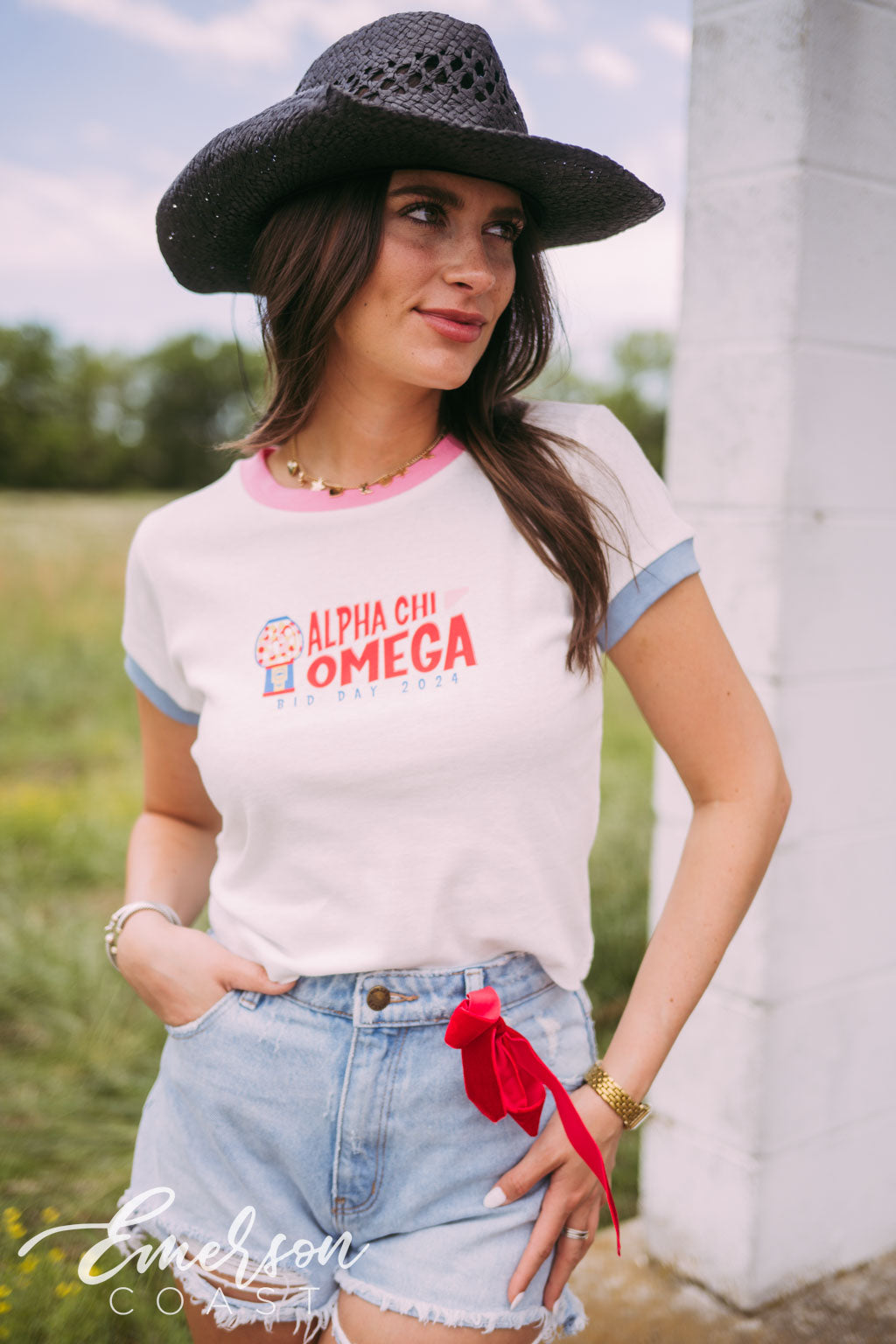 Alpha Chi Omega Stuck on You Bid Day Ringer Tee