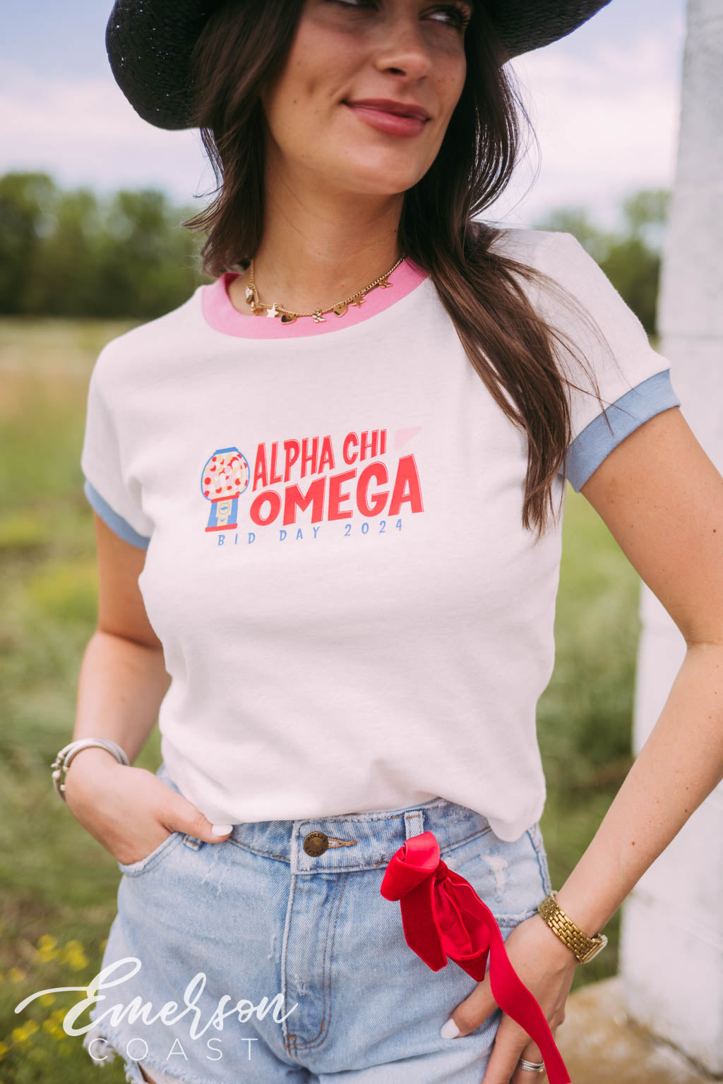 Alpha Chi Omega Stuck on You Bid Day Ringer Tee