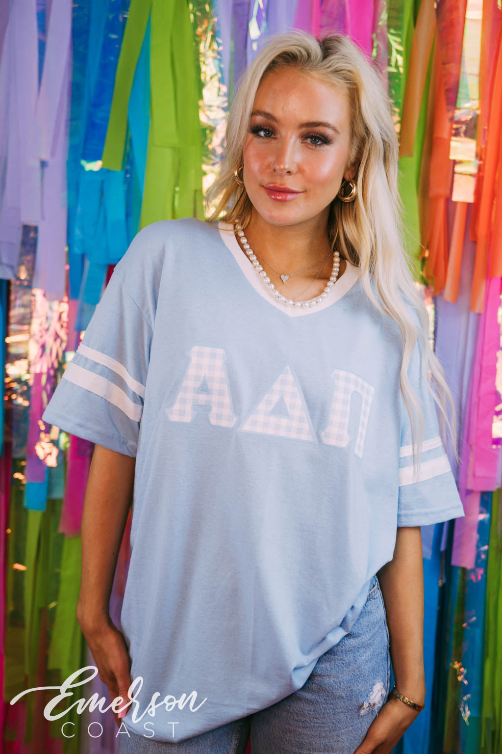 Alpha Delta Pi Blue Gingham Letter Vneck Tee