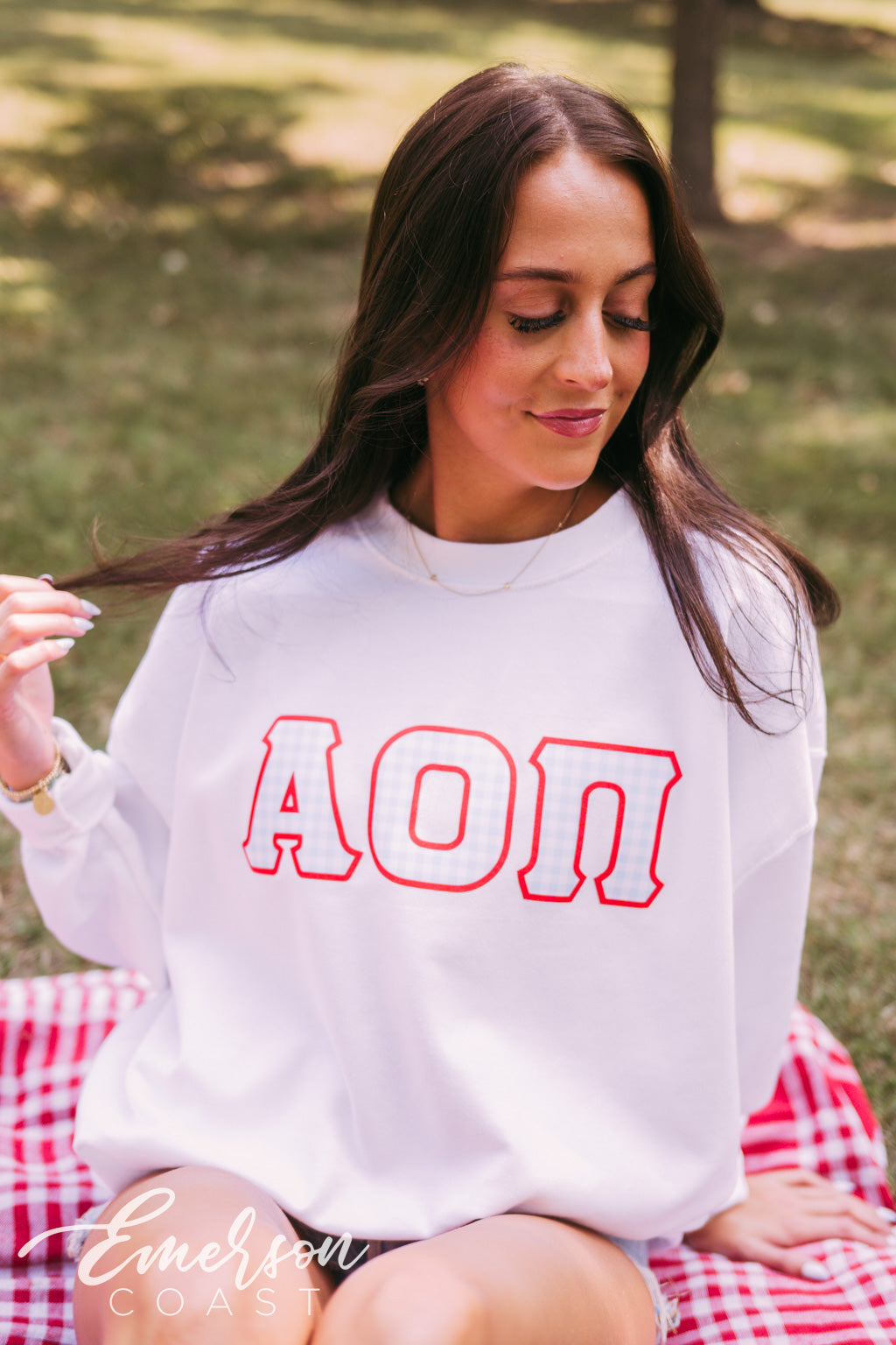 Alpha Omicron Pi Gingham Letter Crewneck