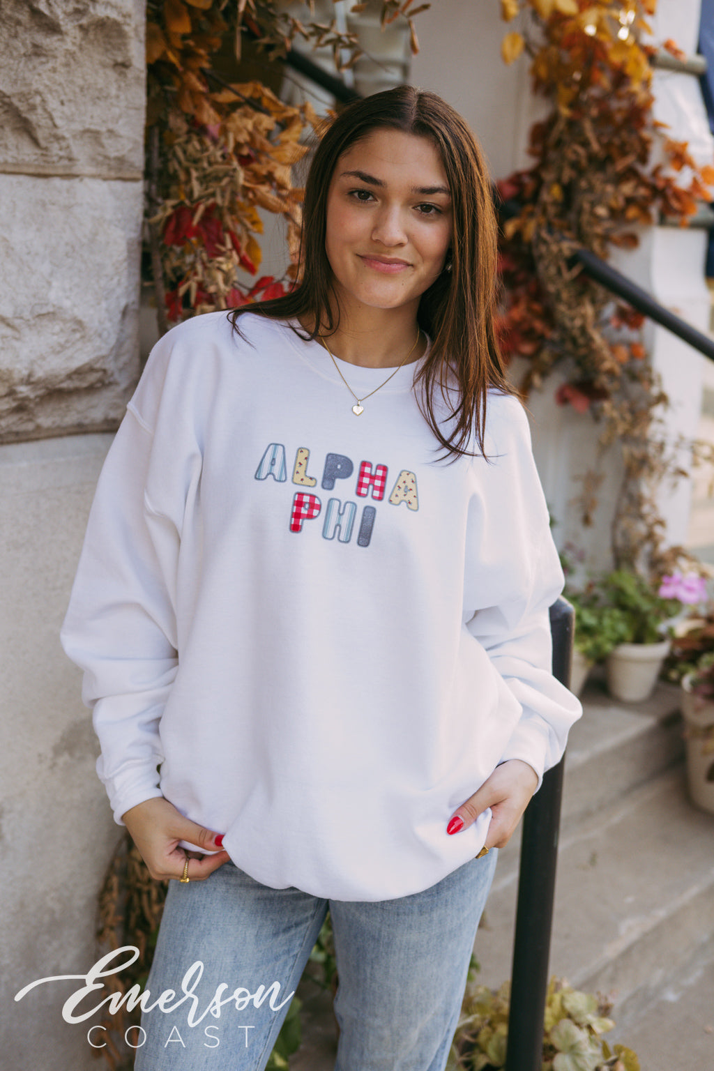 Alpha Phi Patchwork Letters White Crewneck