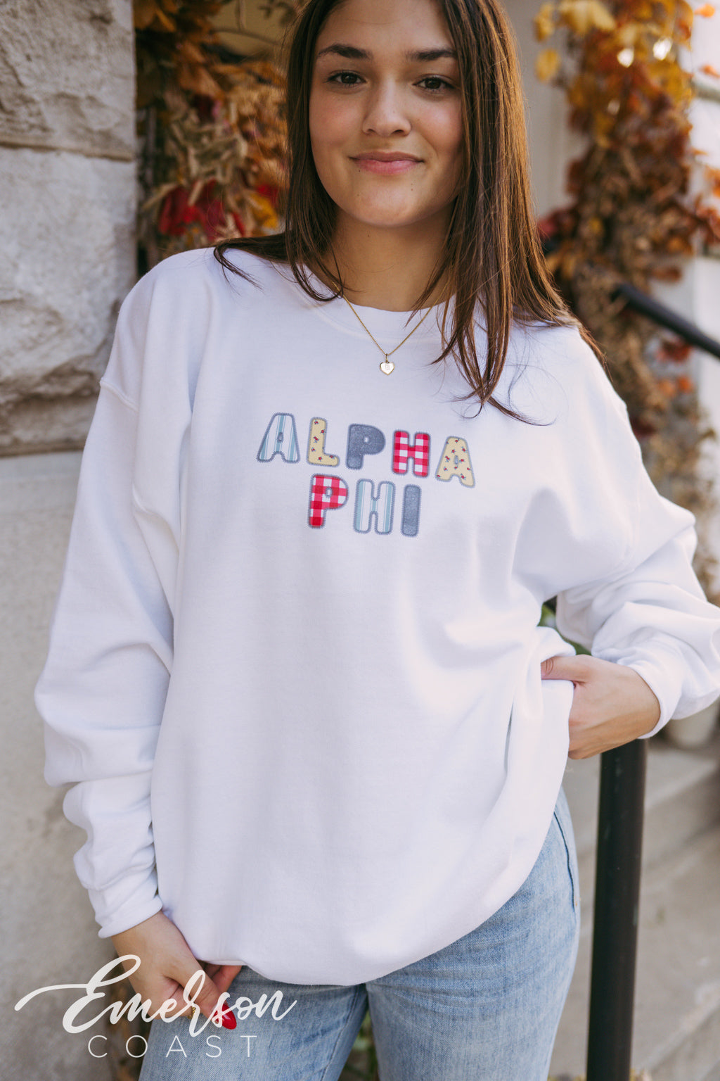 Alpha Phi Patchwork Letters White Crewneck