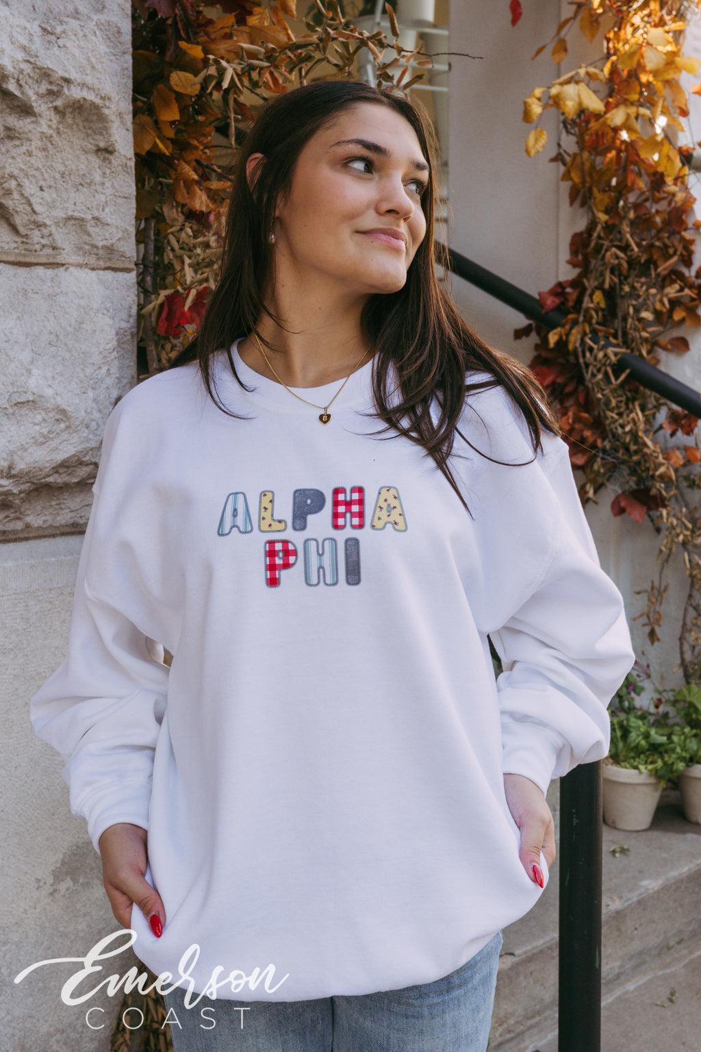 Alpha Phi Patchwork Letters White Crewneck