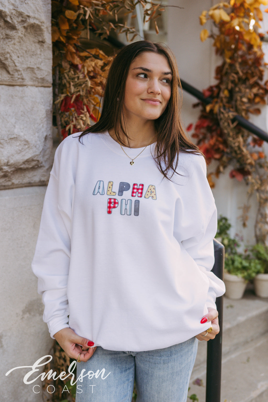 Alpha Phi Patchwork Letters White Crewneck