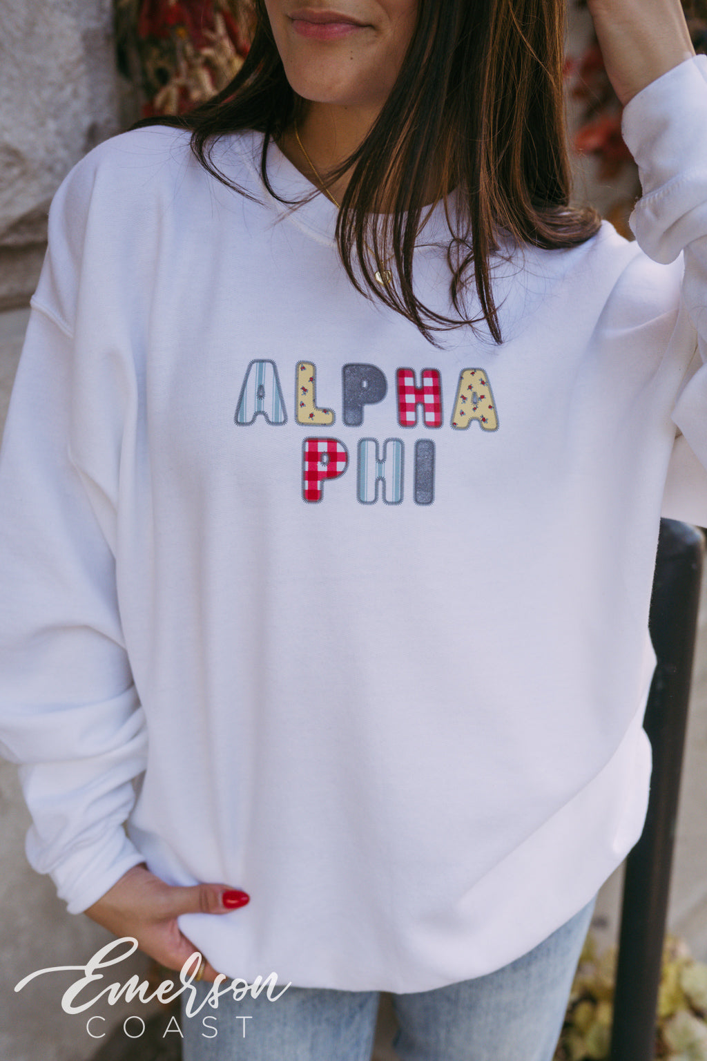 Alpha Phi Patchwork Letters White Crewneck