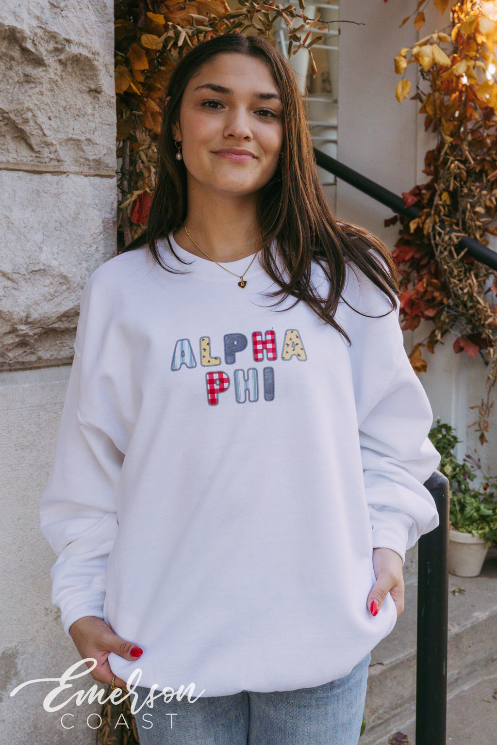 Alpha Phi Patchwork Letters White Crewneck