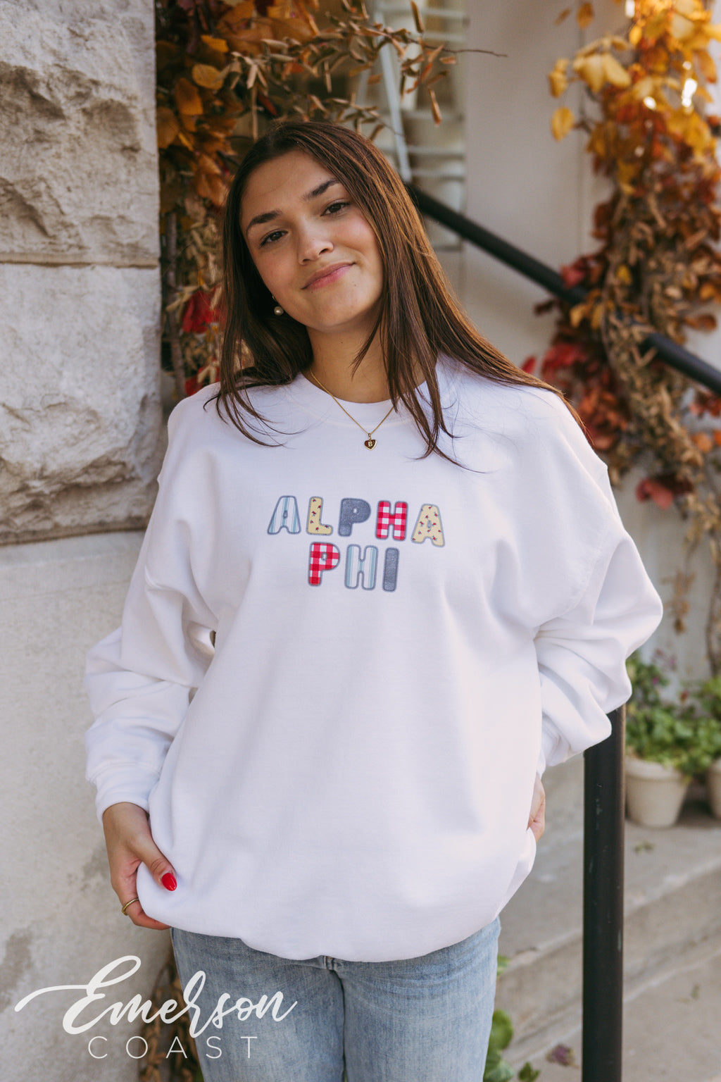 Alpha Phi Patchwork Letters White Crewneck