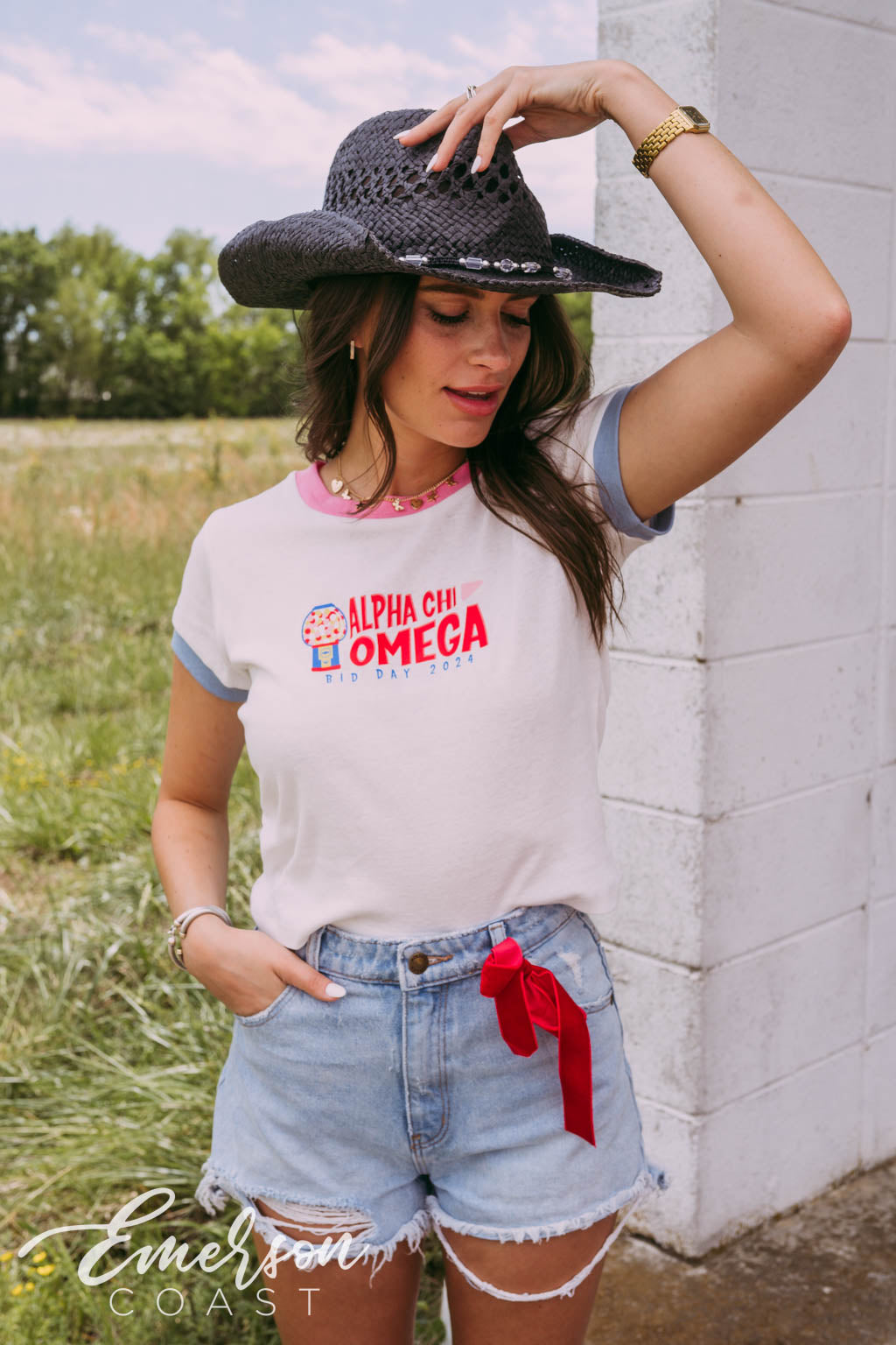 Alpha Chi Omega Stuck on You Bid Day Ringer Tee