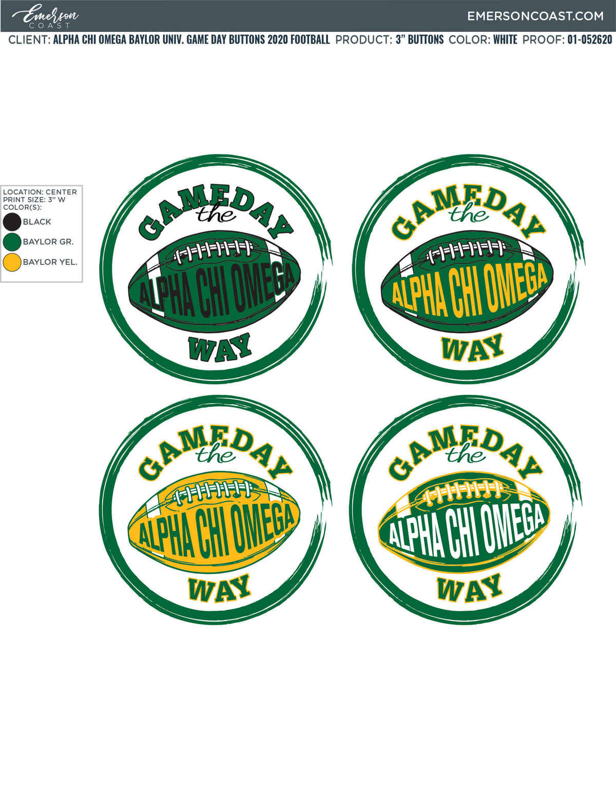 01-052620 Alpha Chi Omega Baylor University Game Day Buttons 2020 Football