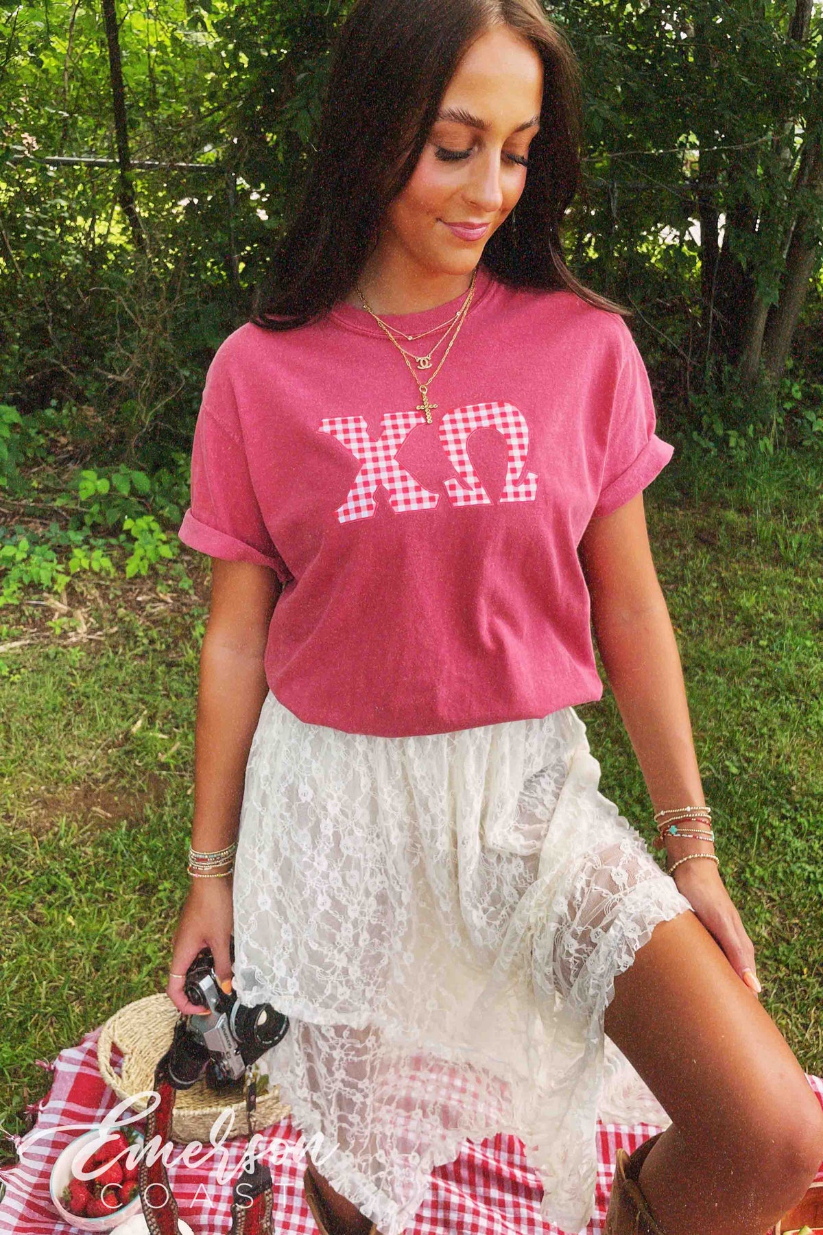 Chi Omega Red Gingham Letters Short Sleeve Tee