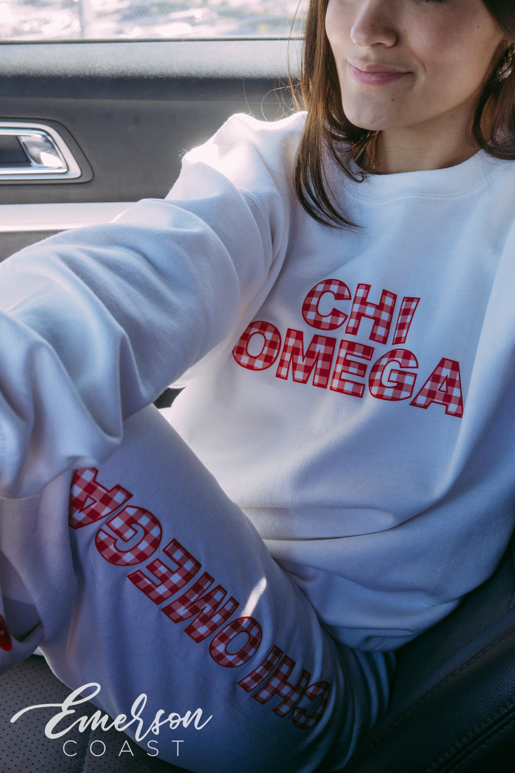 Chi Omega Red Gingham Patchwork Crewneck and Jogger Set