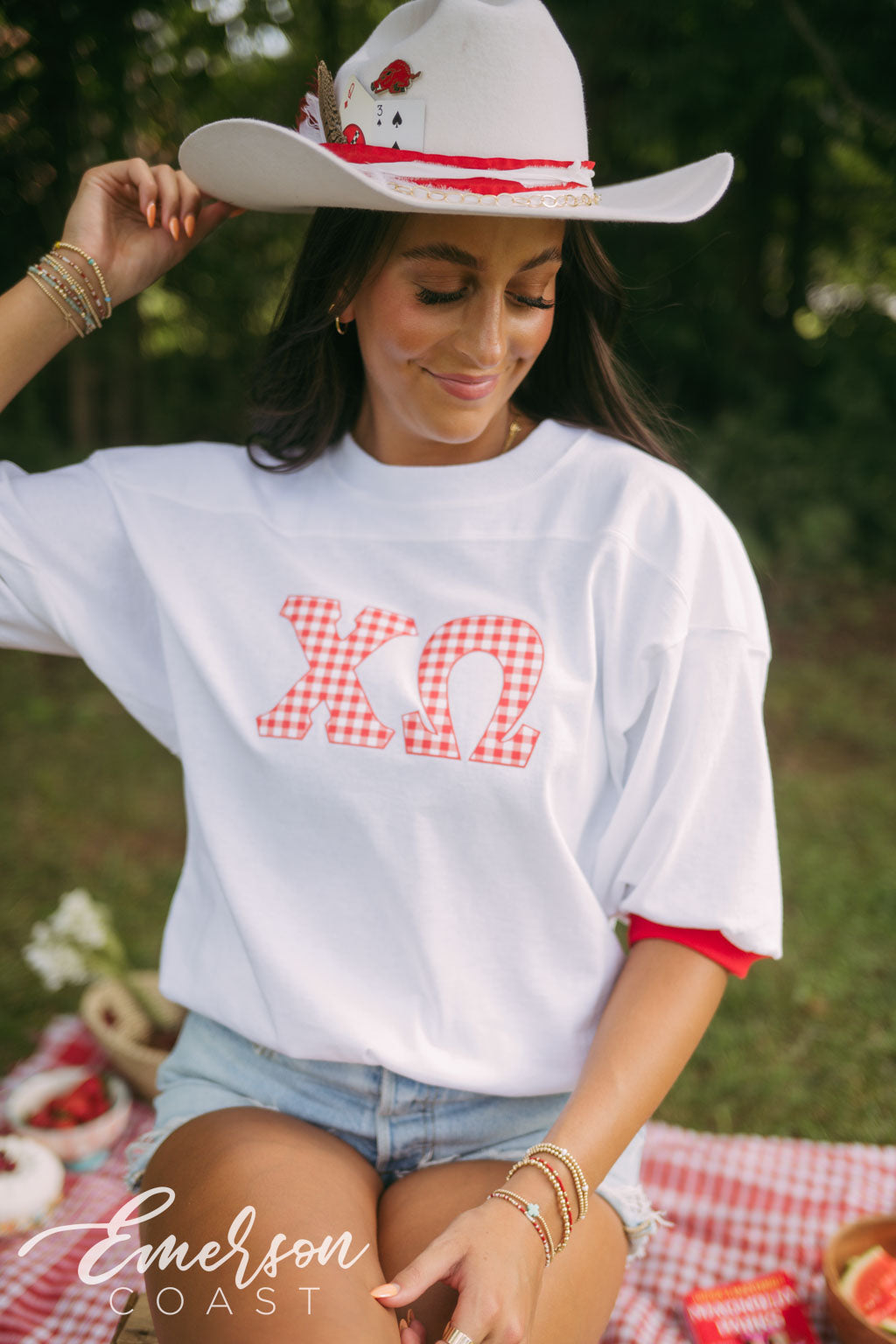 Chi O Gingham Print Letter Jersey