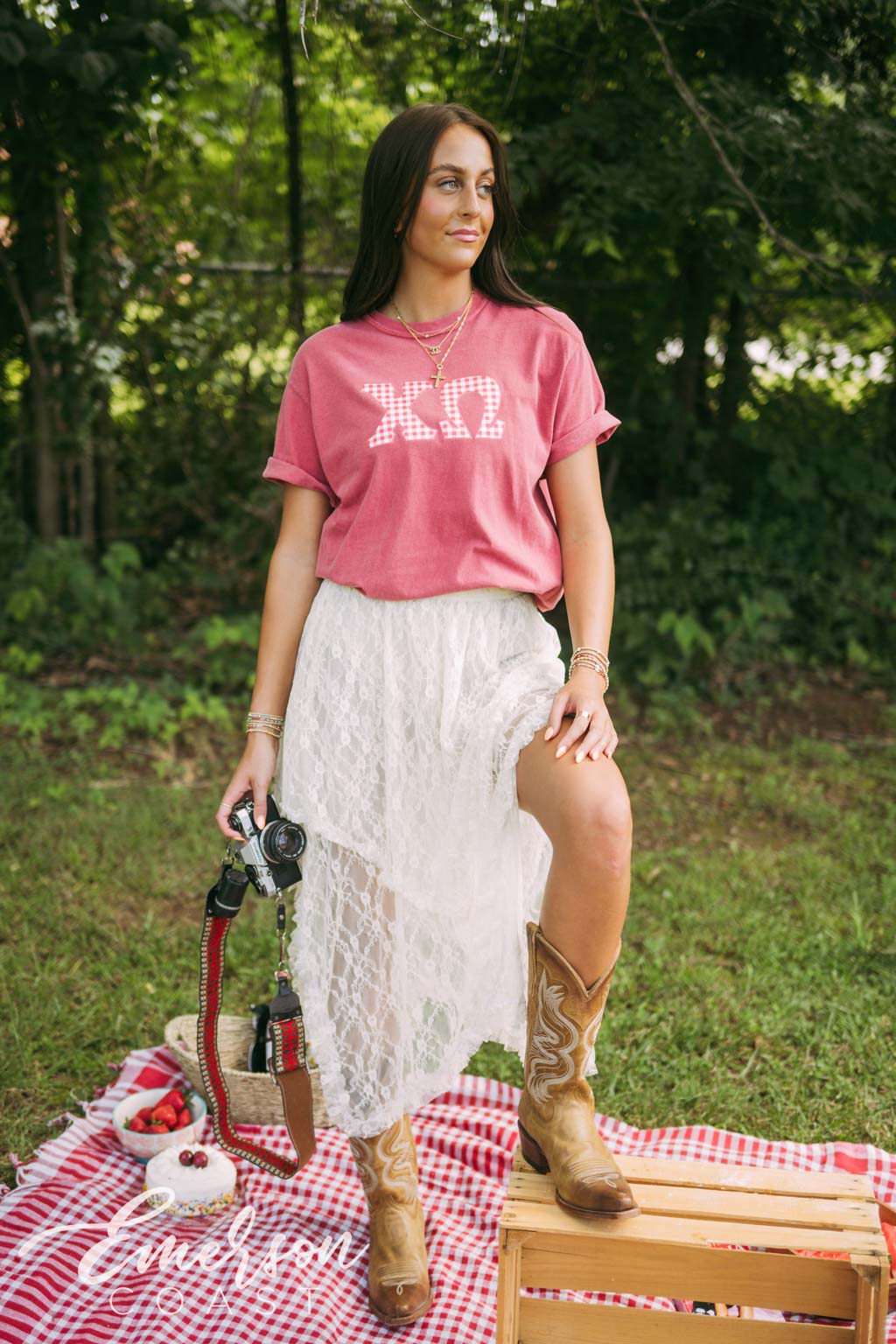 Chi Omega Red Gingham Letters Short Sleeve Tee