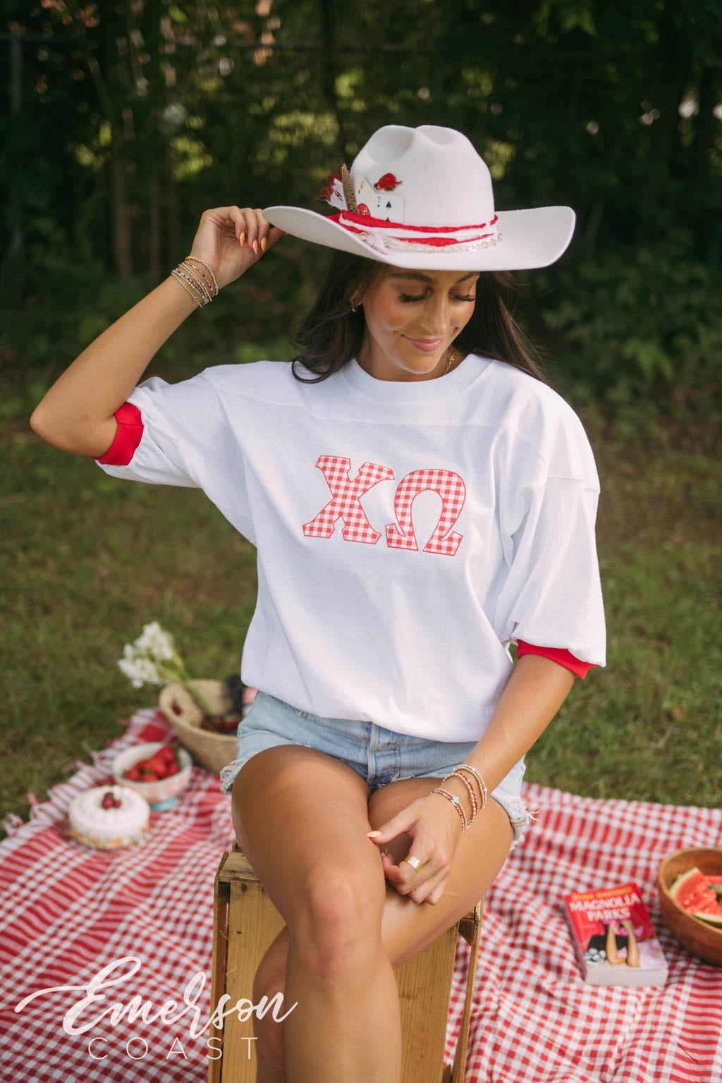 Chi O Gingham Print Letter Jersey