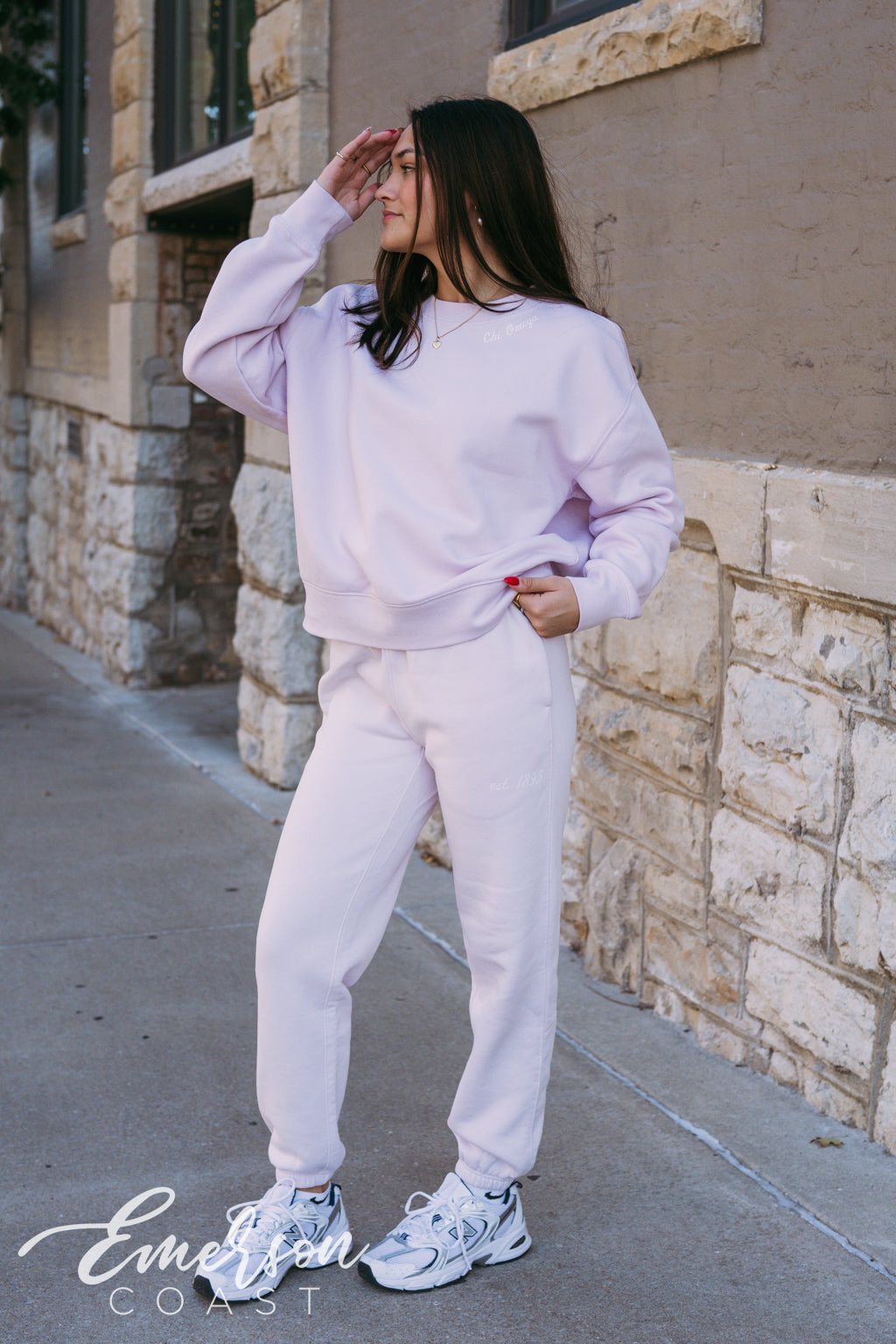 Chi Omega Light Pink Crewneck and Jogger Set