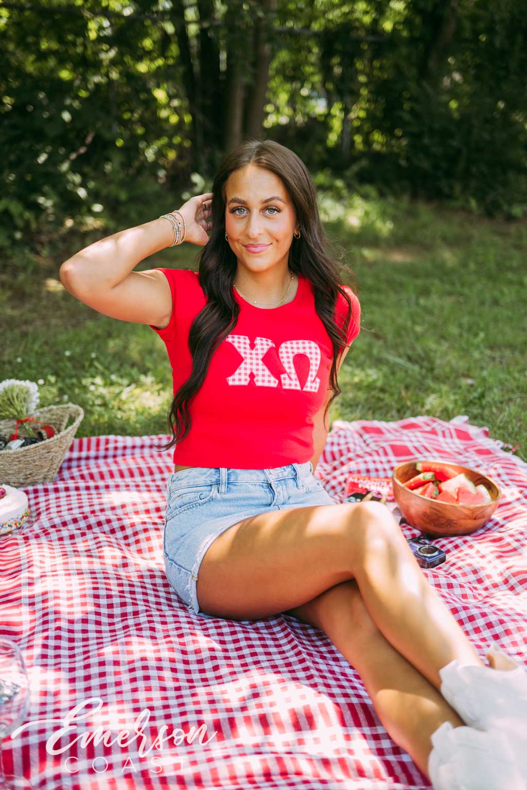Chi O Red Gingham Letter Baby Tee