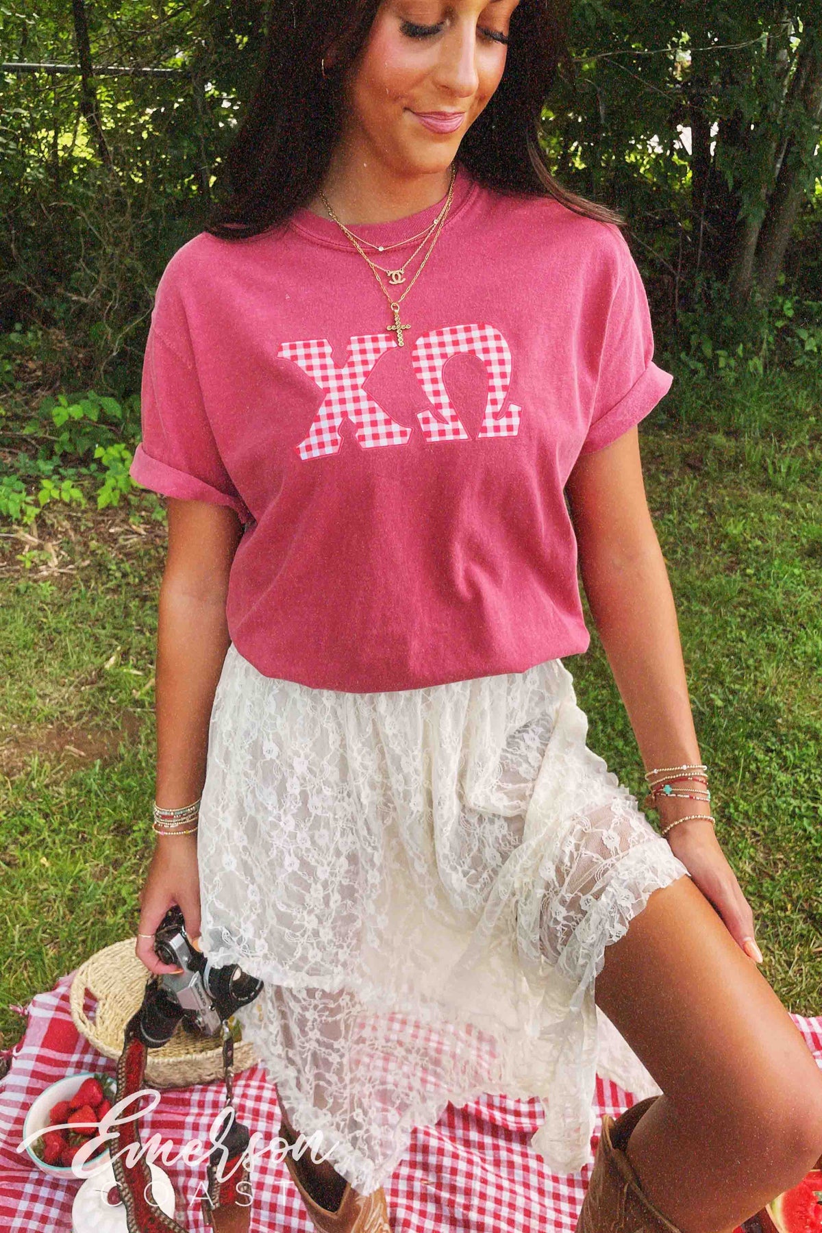 Chi Omega Red Gingham Letters Short Sleeve Tee