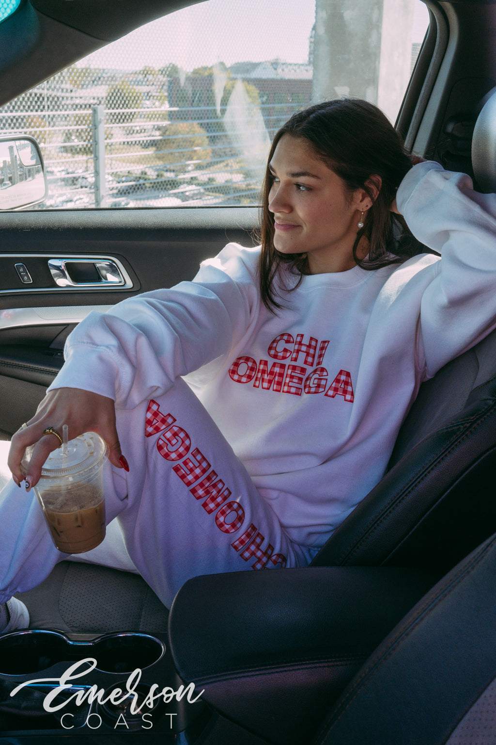 Chi Omega Red Gingham Patchwork Crewneck and Jogger Set