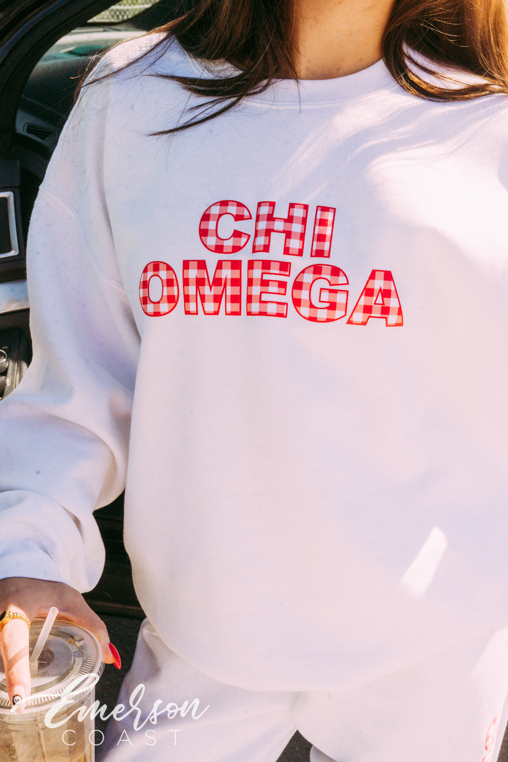 Chi Omega Red Gingham Patchwork Crewneck and Jogger Set