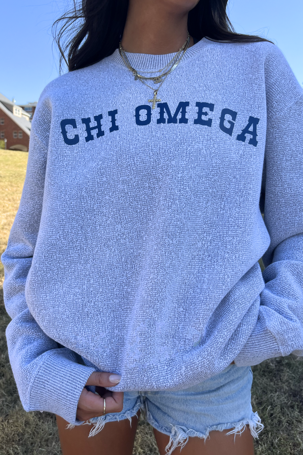 Chi Omega Light Gray Textured Knit Crewneck