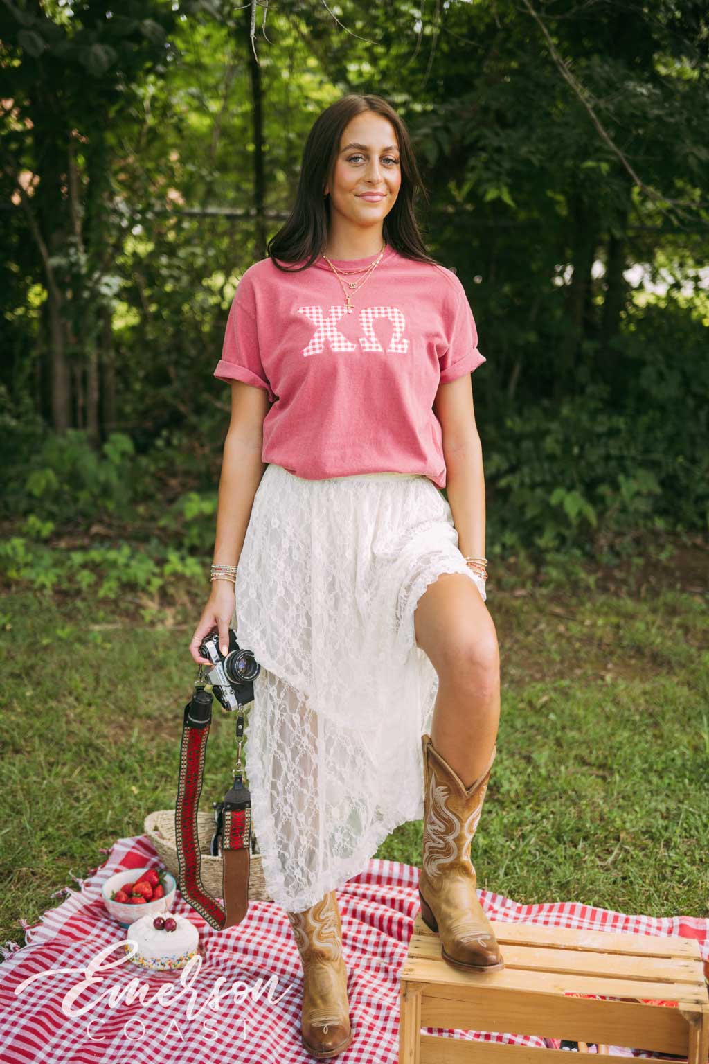 Chi Omega Red Gingham Letters Short Sleeve Tee