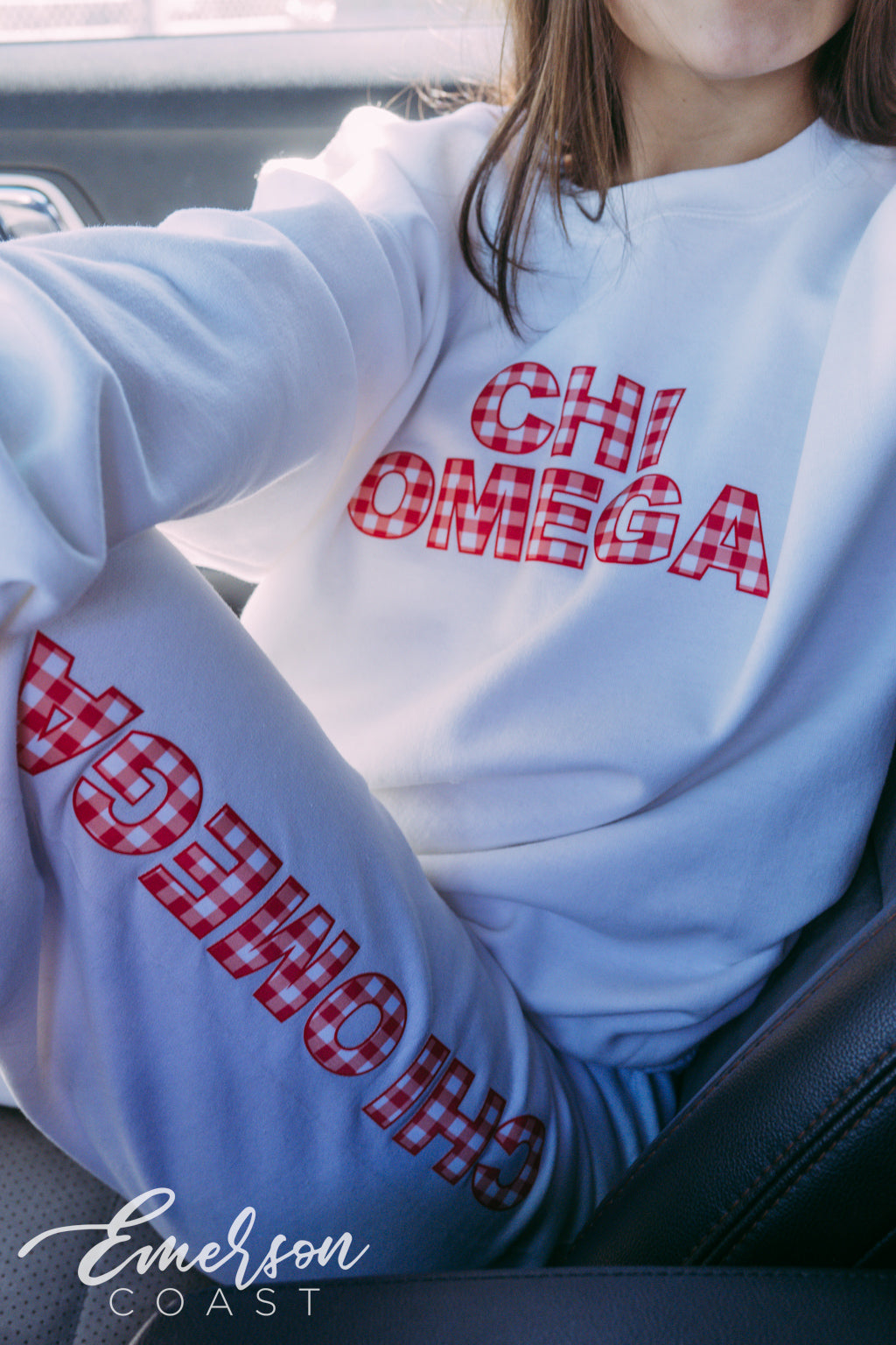 Chi Omega Red Gingham Patchwork Crewneck and Jogger Set