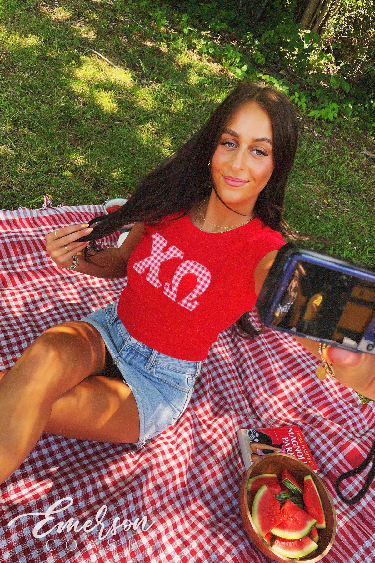 Chi O Red Gingham Letter Baby Tee