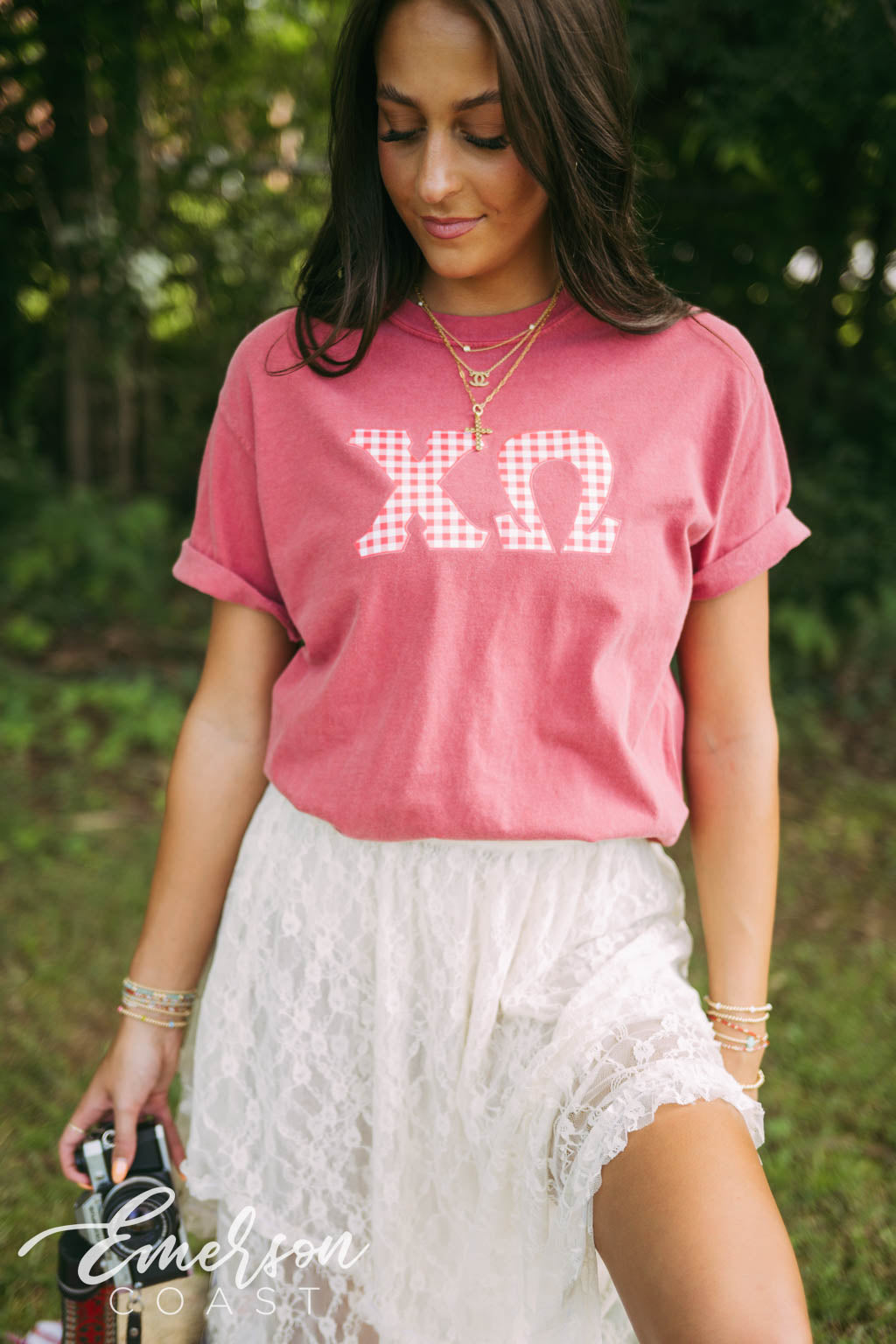 Chi Omega Red Gingham Letters Short Sleeve Tee