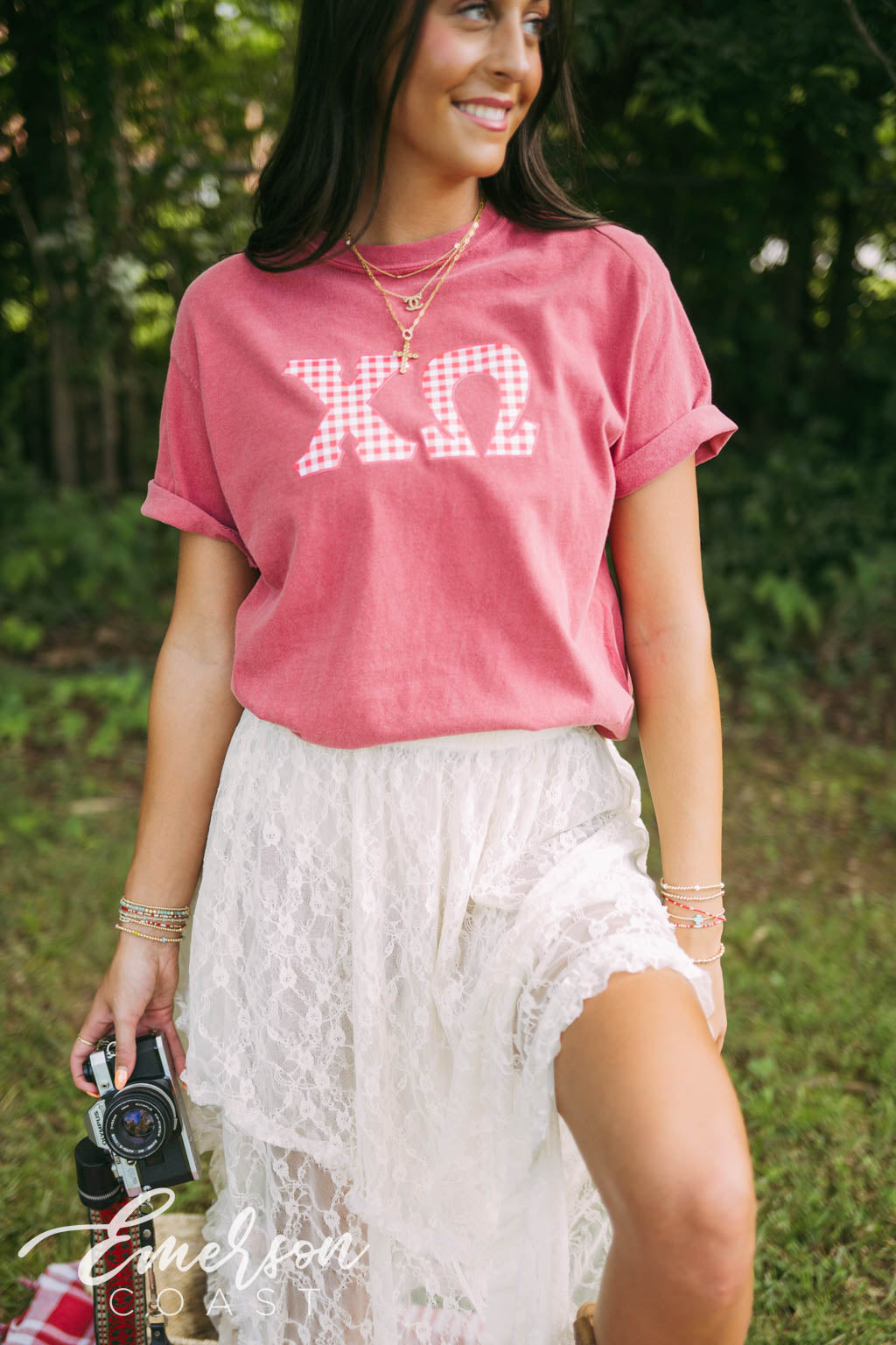 Chi Omega Red Gingham Letters Short Sleeve Tee