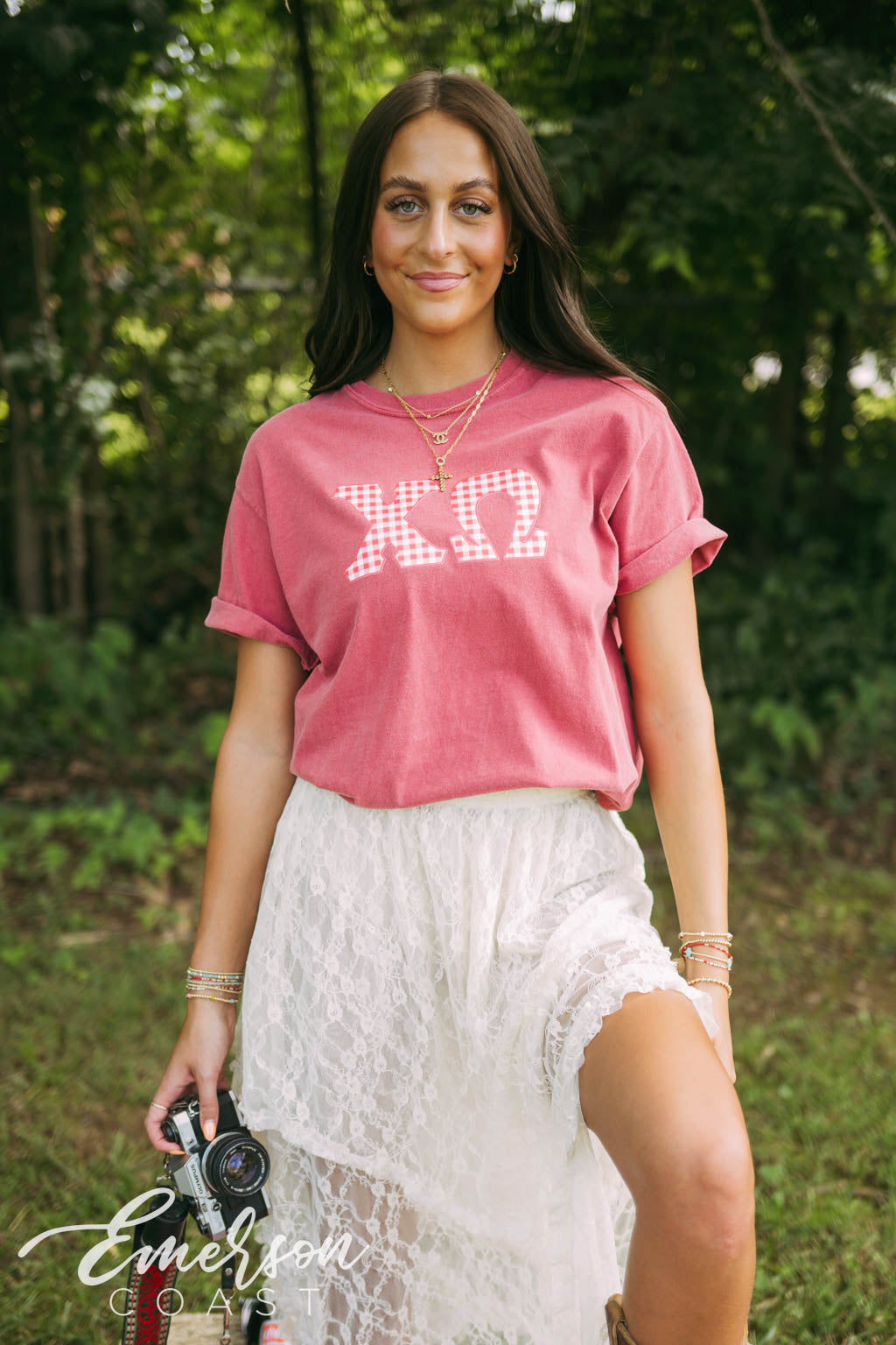 Chi Omega Red Gingham Letters Short Sleeve Tee