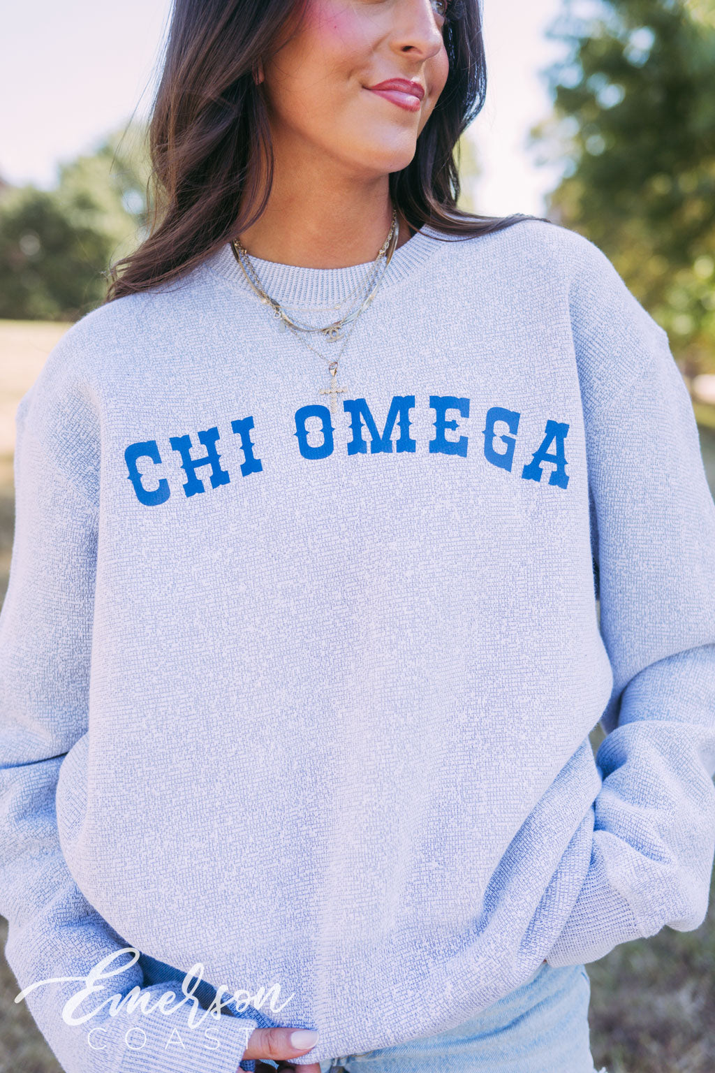 Chi Omega Light Gray Textured Knit Crewneck