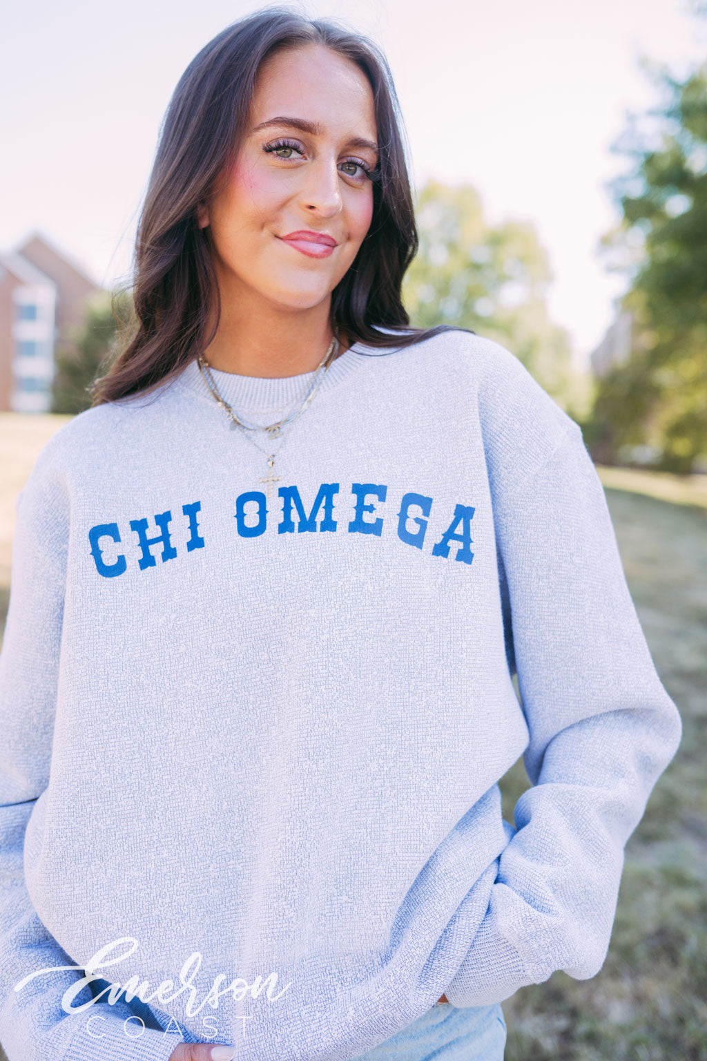 Chi Omega Light Gray Textured Knit Crewneck