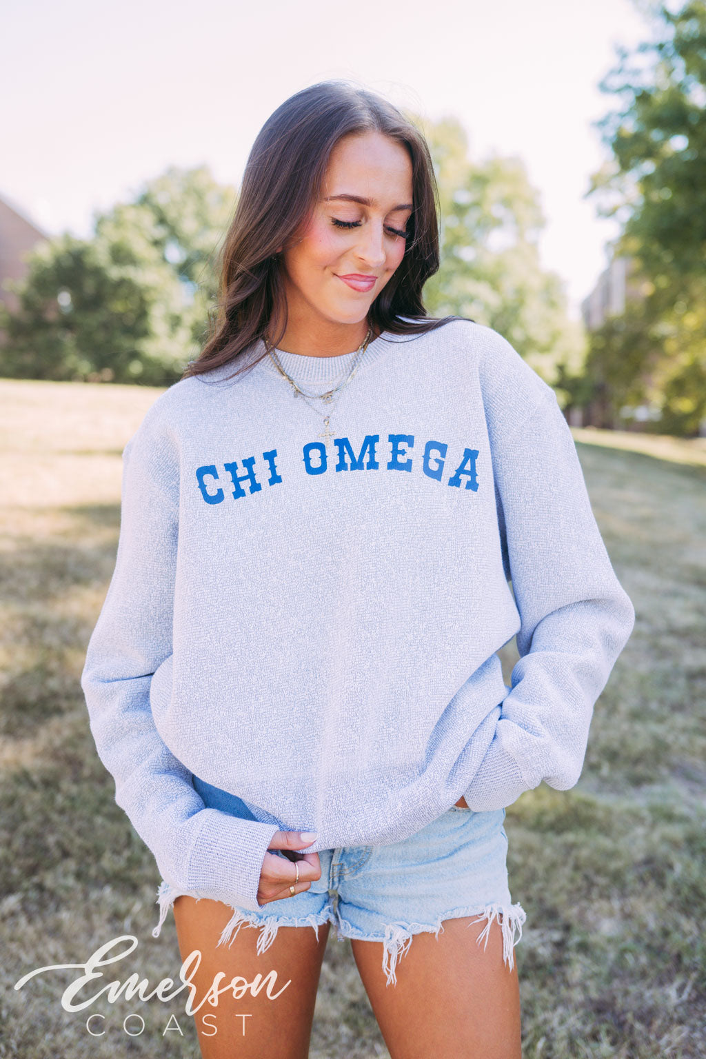 Chi Omega Light Gray Textured Knit Crewneck