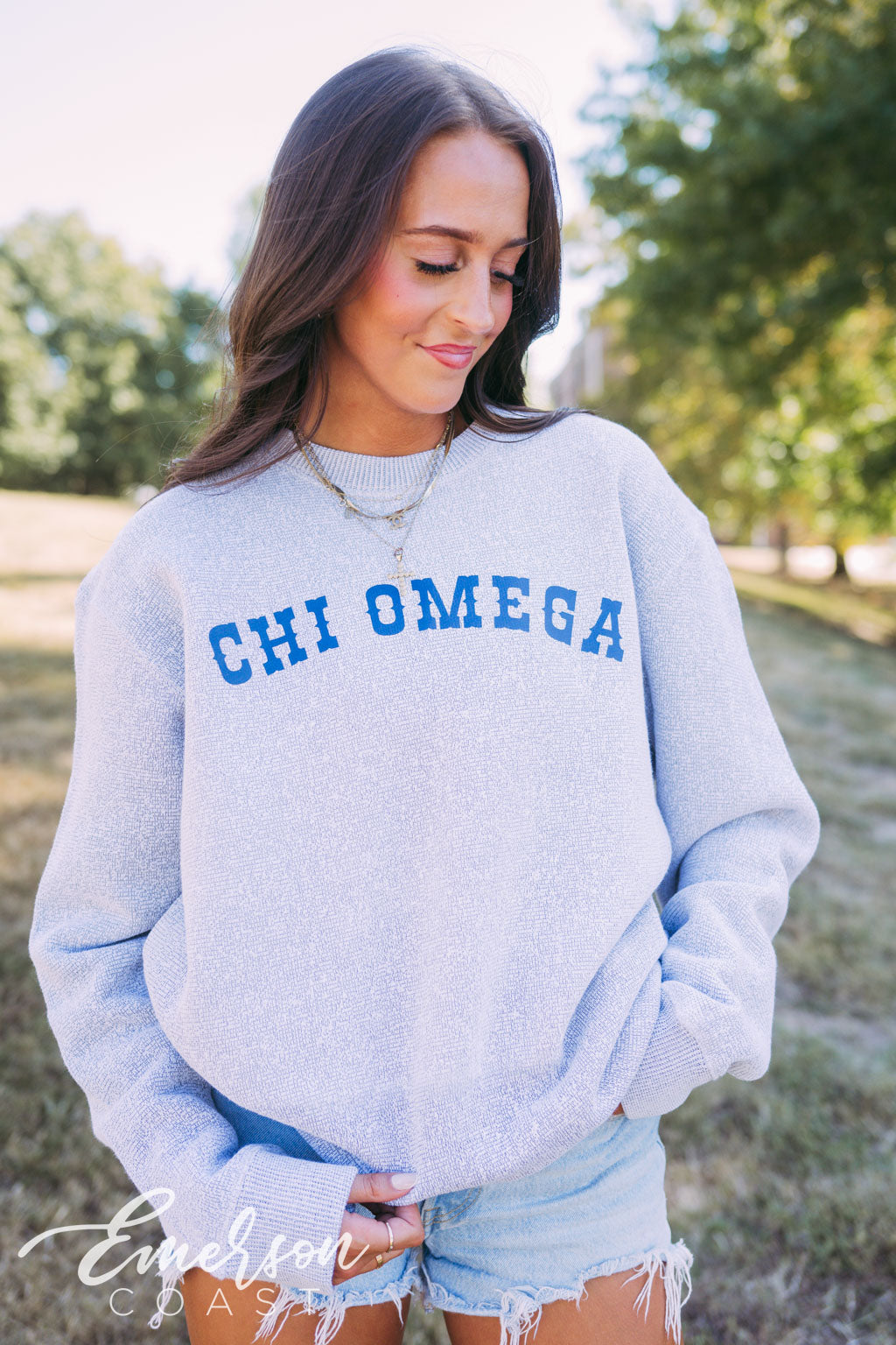 Chi Omega Light Gray Textured Knit Crewneck