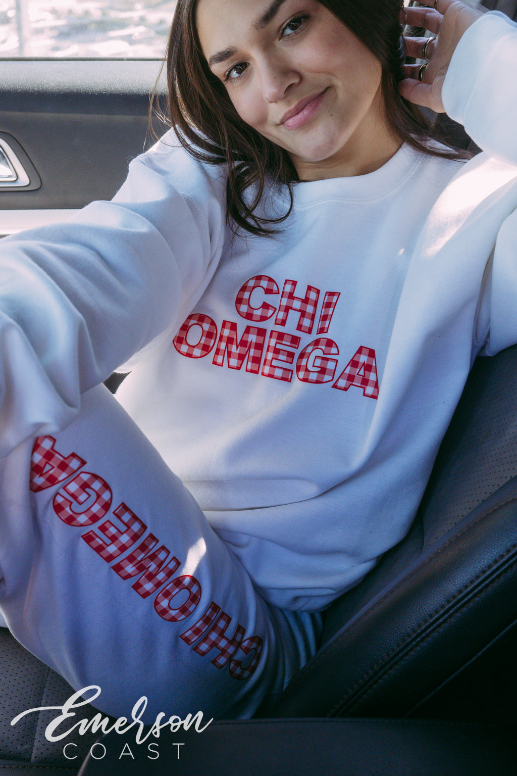 Chi Omega Red Gingham Patchwork Crewneck and Jogger Set