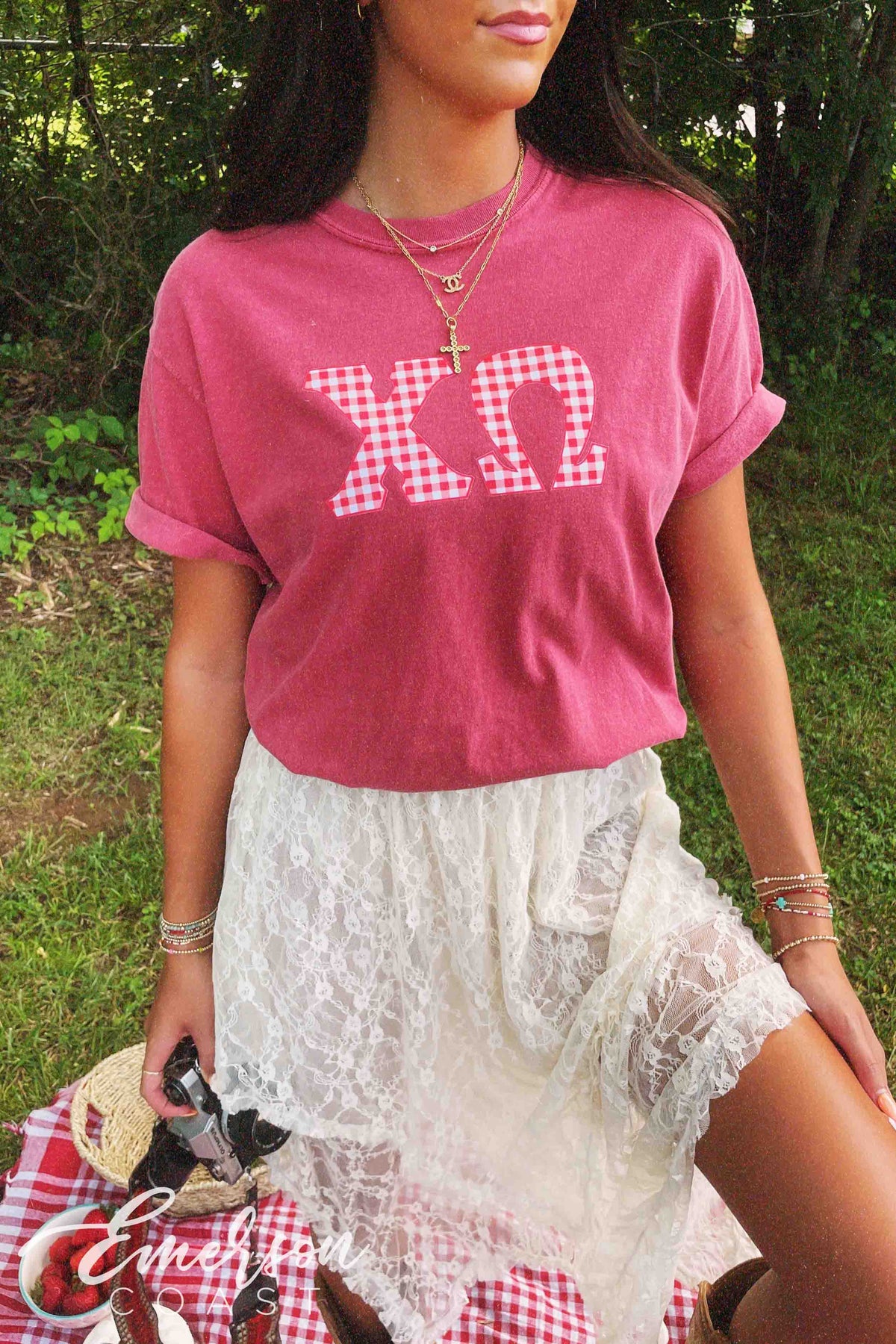 Chi Omega Red Gingham Letters Short Sleeve Tee