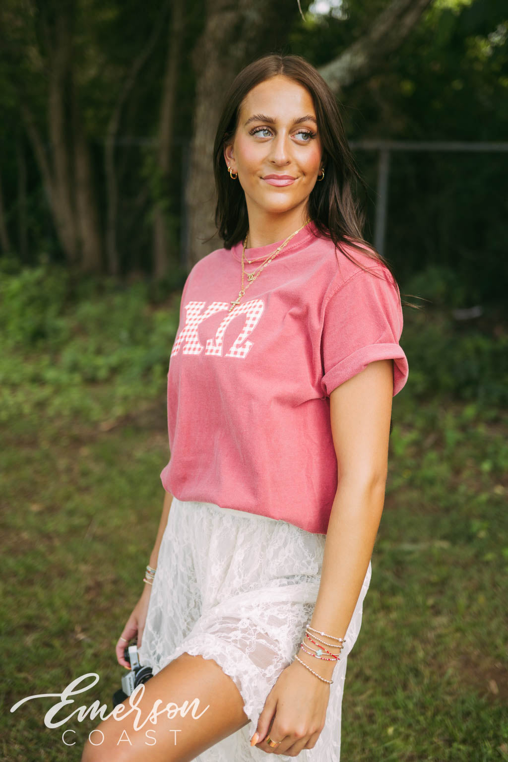 Chi Omega Red Gingham Letters Short Sleeve Tee