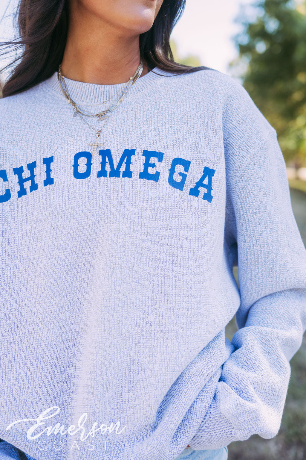 Chi Omega Light Gray Textured Knit Crewneck