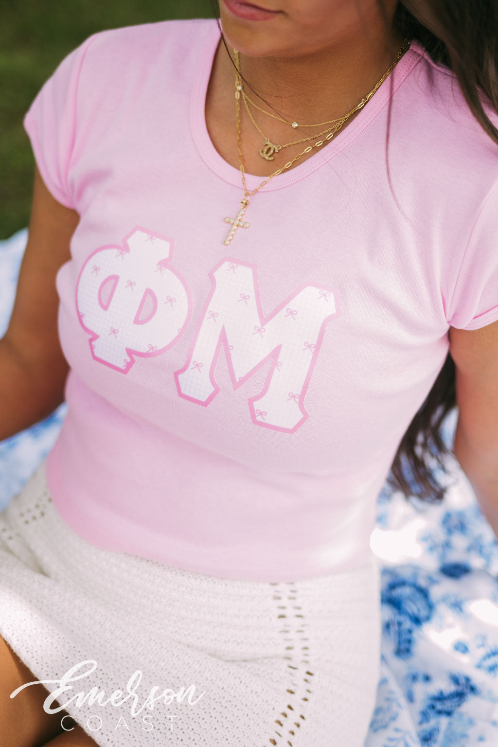 Phi Mu Bow Gingham Baby Tee