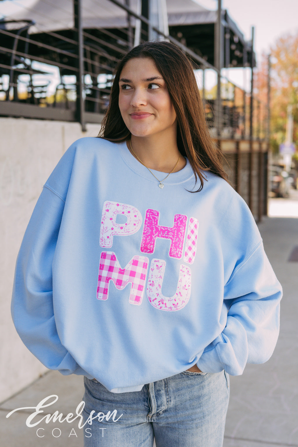 Phi Mu Light Blue Patchwork Crewneck