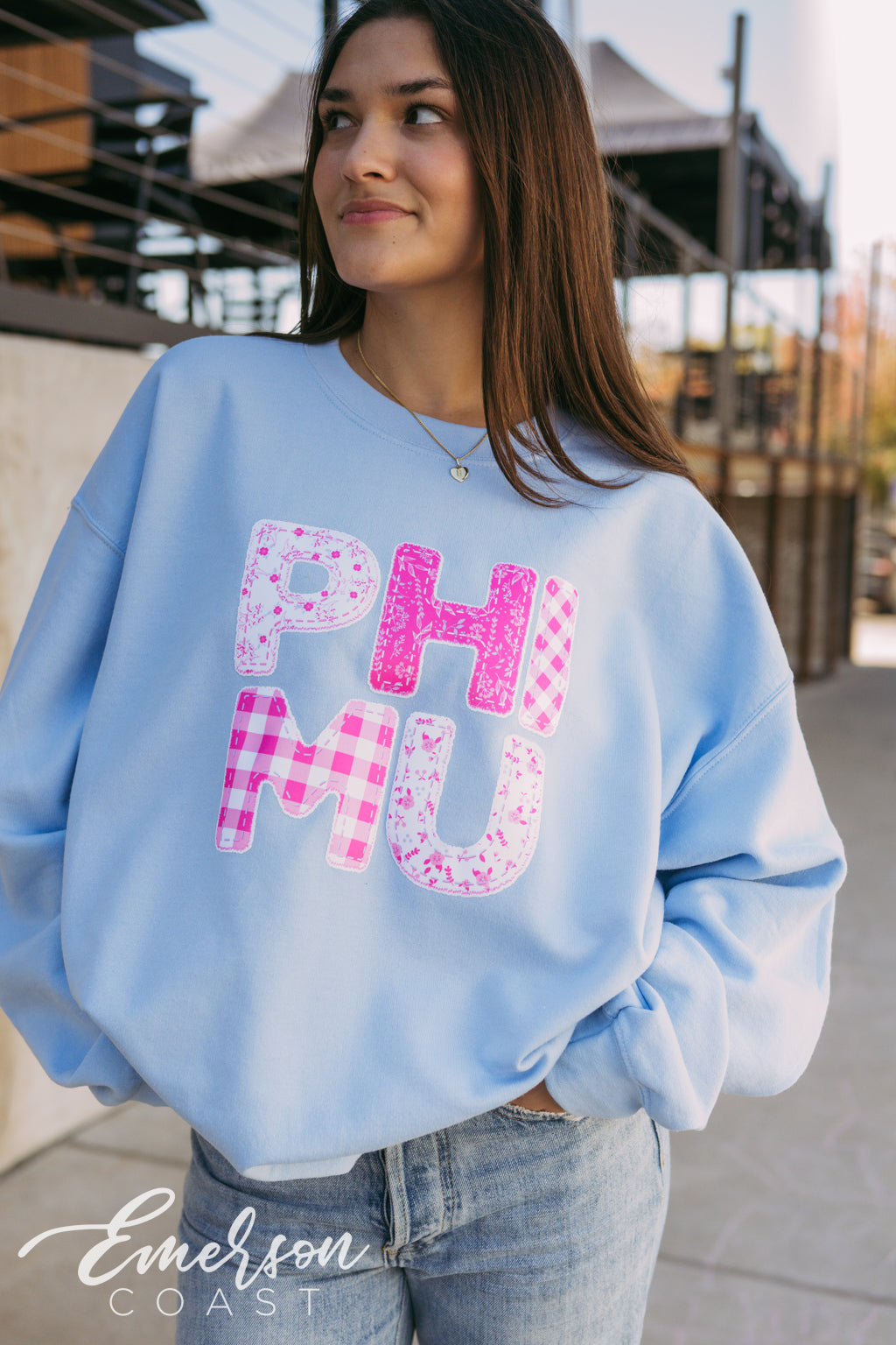 Phi Mu Light Blue Patchwork Crewneck