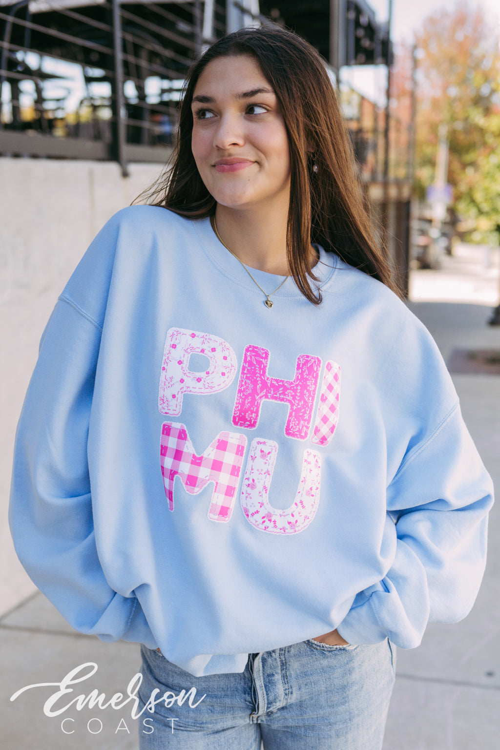 Phi Mu Light Blue Patchwork Crewneck