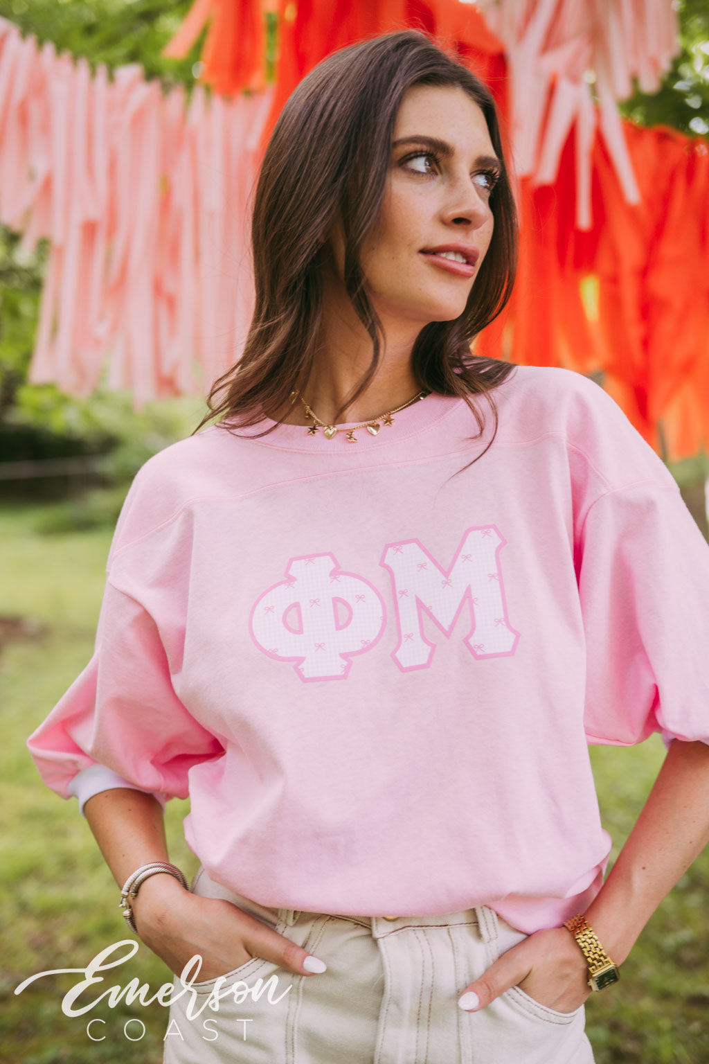 Phi Mu Pink Bow Gingham Letter Jersey