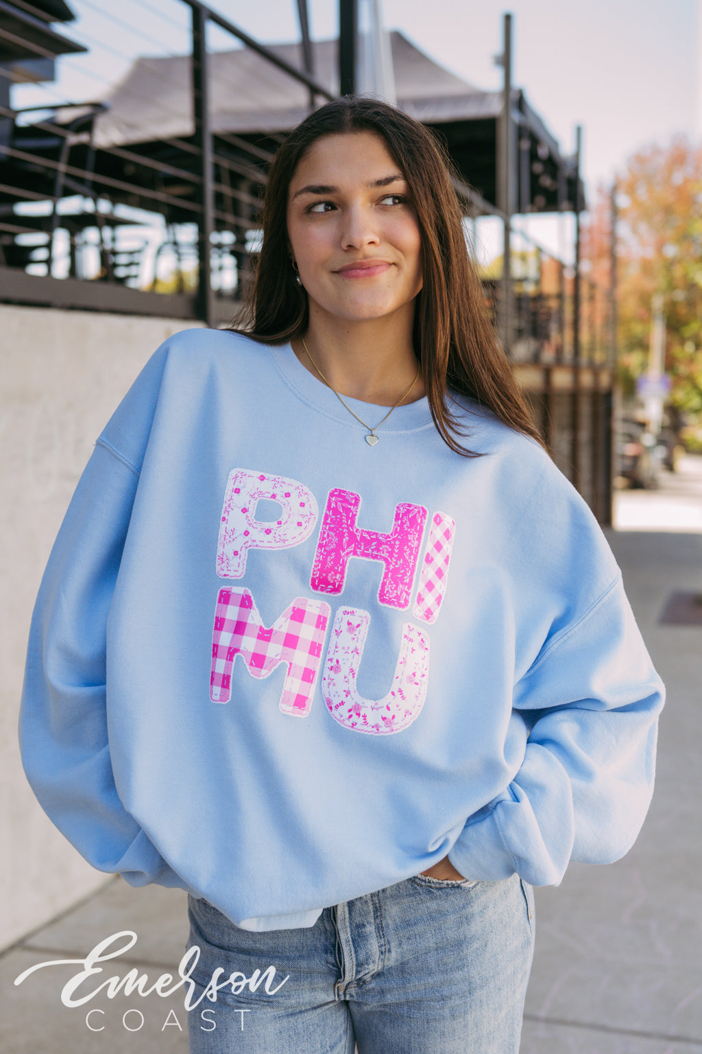 Phi Mu Light Blue Patchwork Crewneck