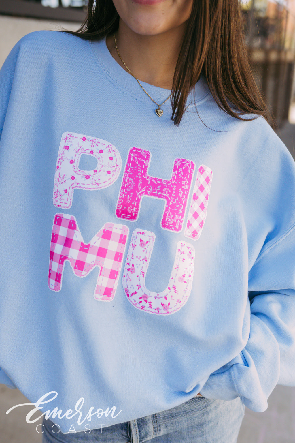 Phi Mu Light Blue Patchwork Crewneck