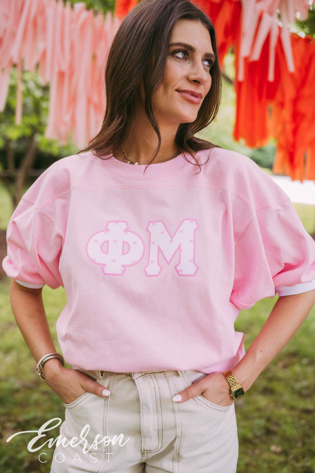 Phi Mu Pink Bow Gingham Letter Jersey