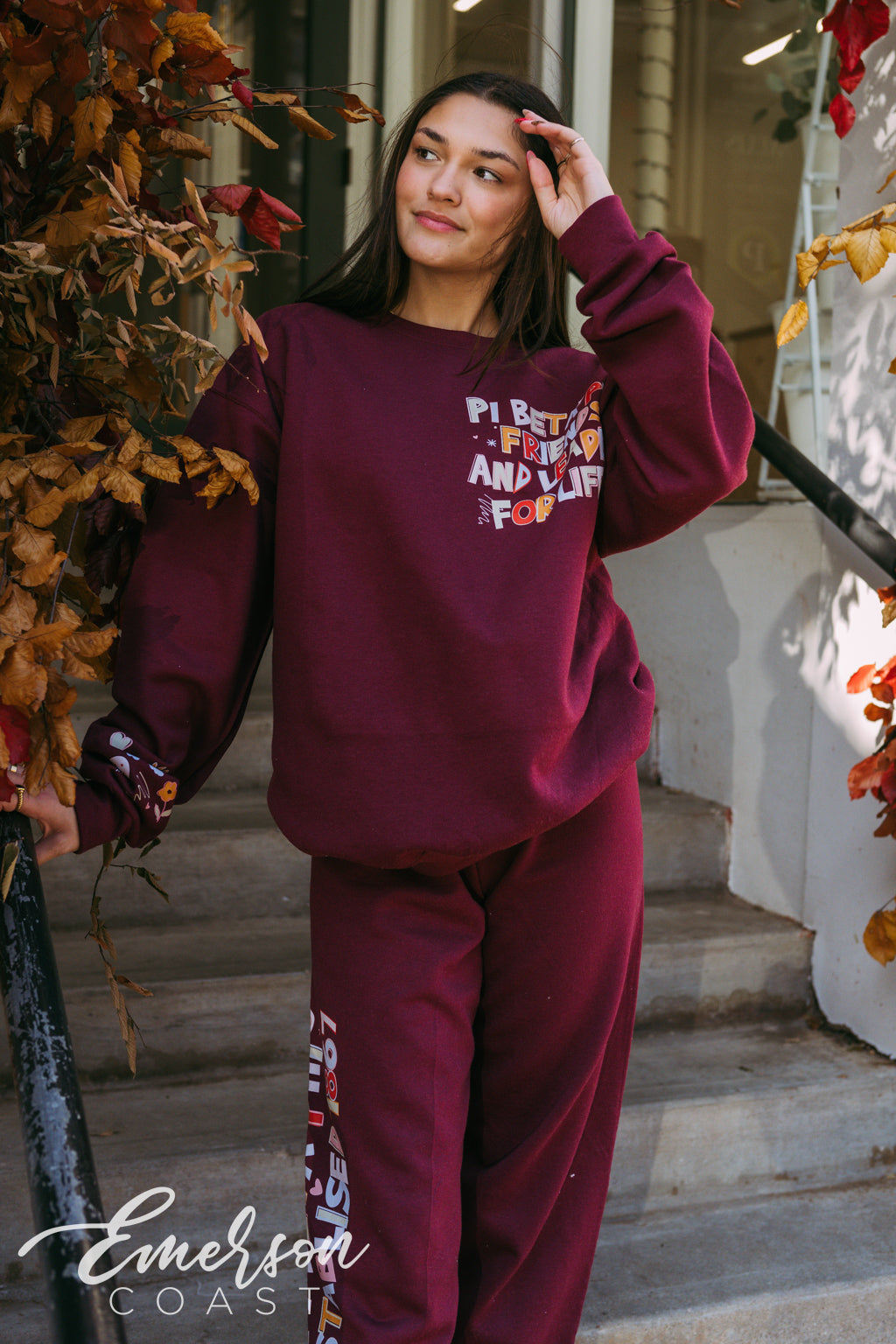 Pi Beta Phi Doodles Maroon Crewneck and Jogger Set