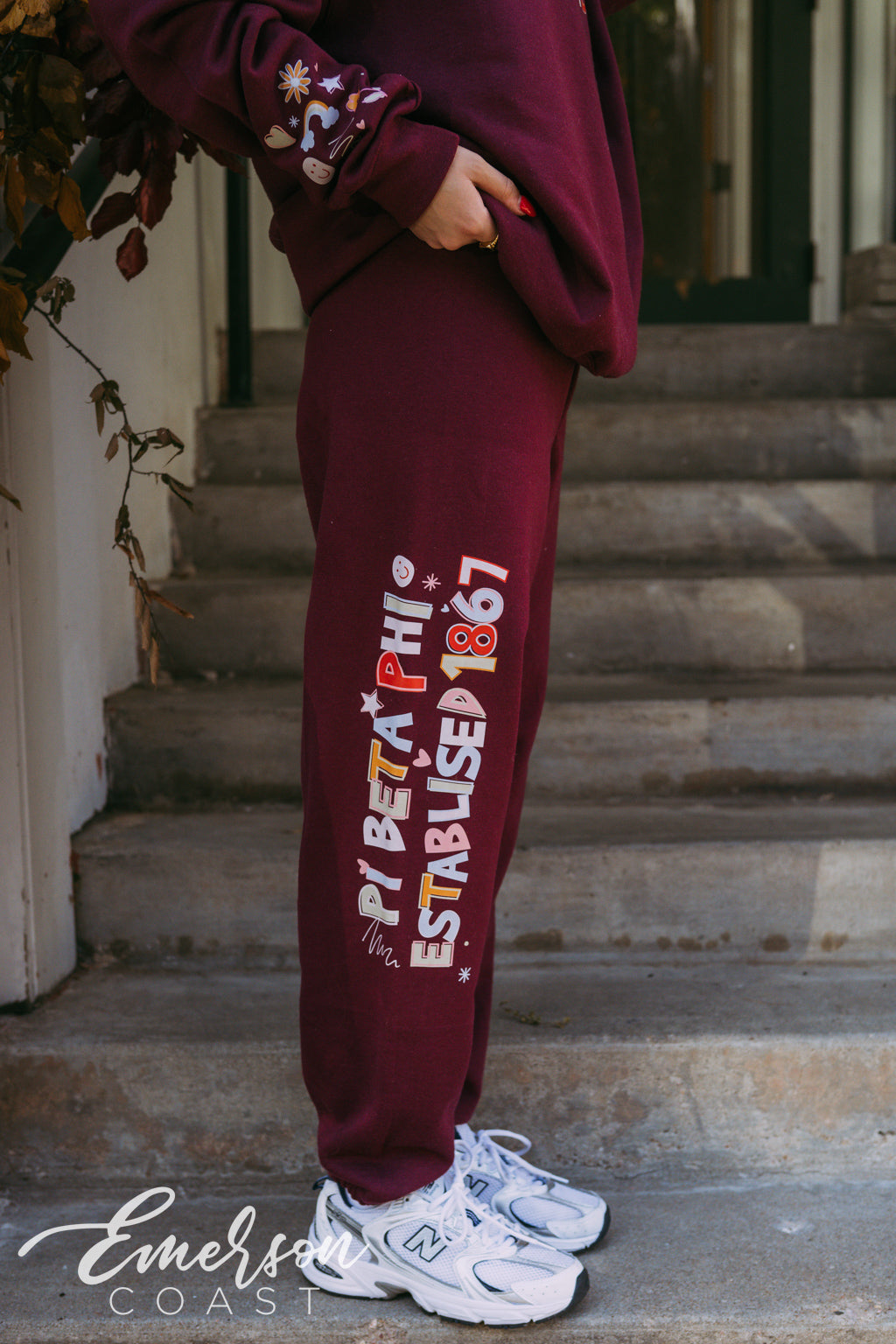 Pi Beta Phi Doodles Maroon Crewneck and Jogger Set