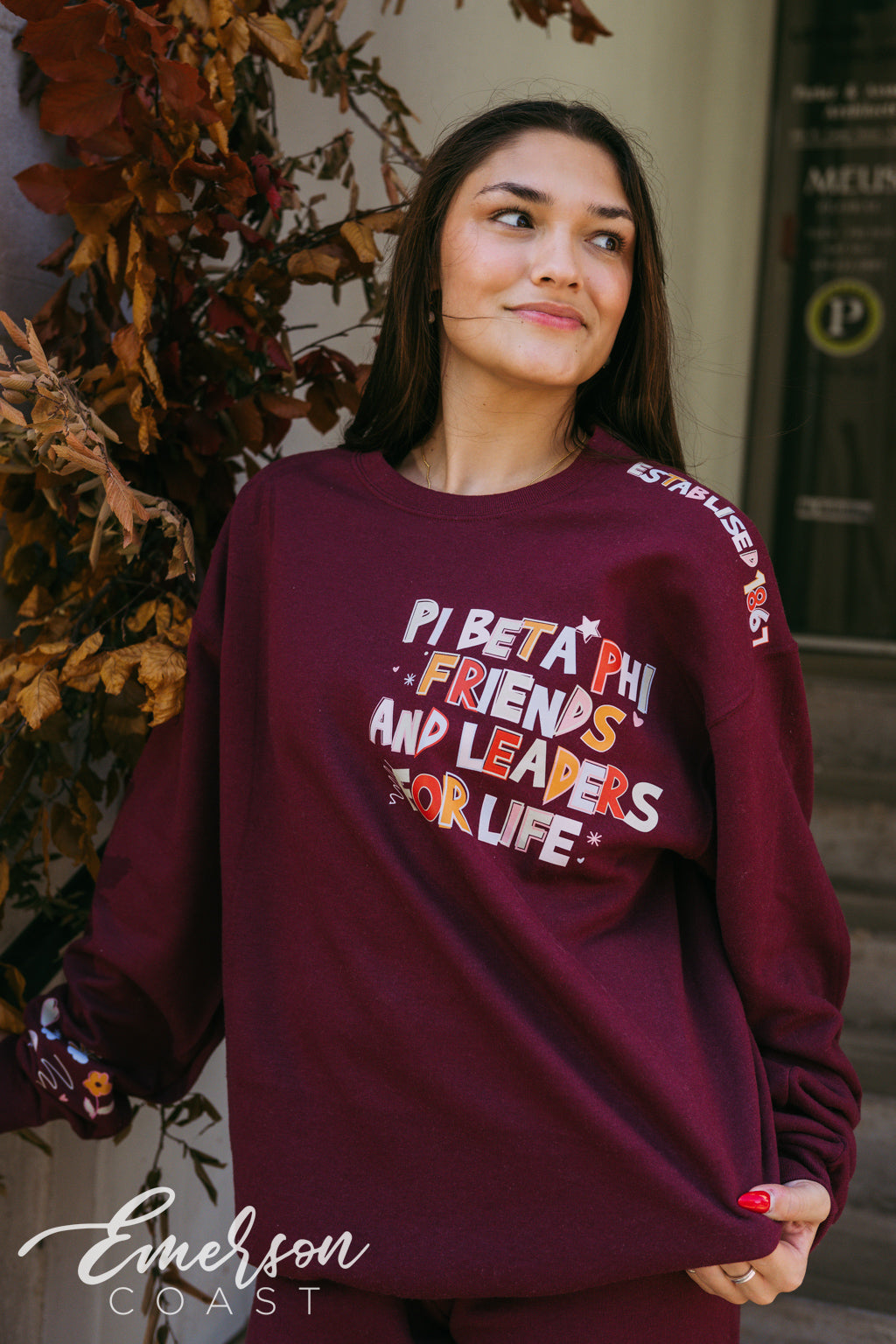 Pi Beta Phi Doodles Maroon Crewneck and Jogger Set